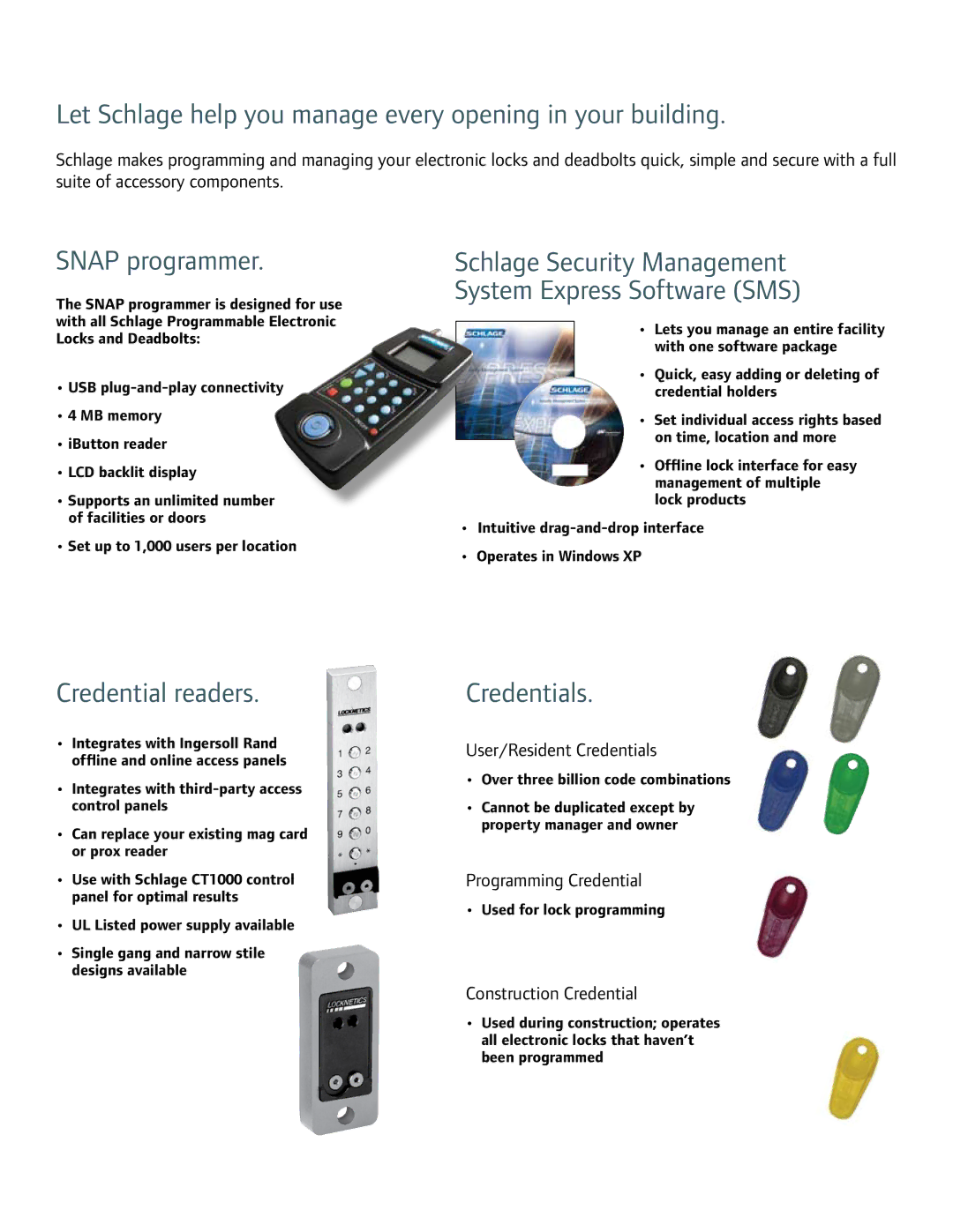 Ingersoll-Rand manual Let Schlage help you manage every opening in your building, Snap programmer, Credential readers 