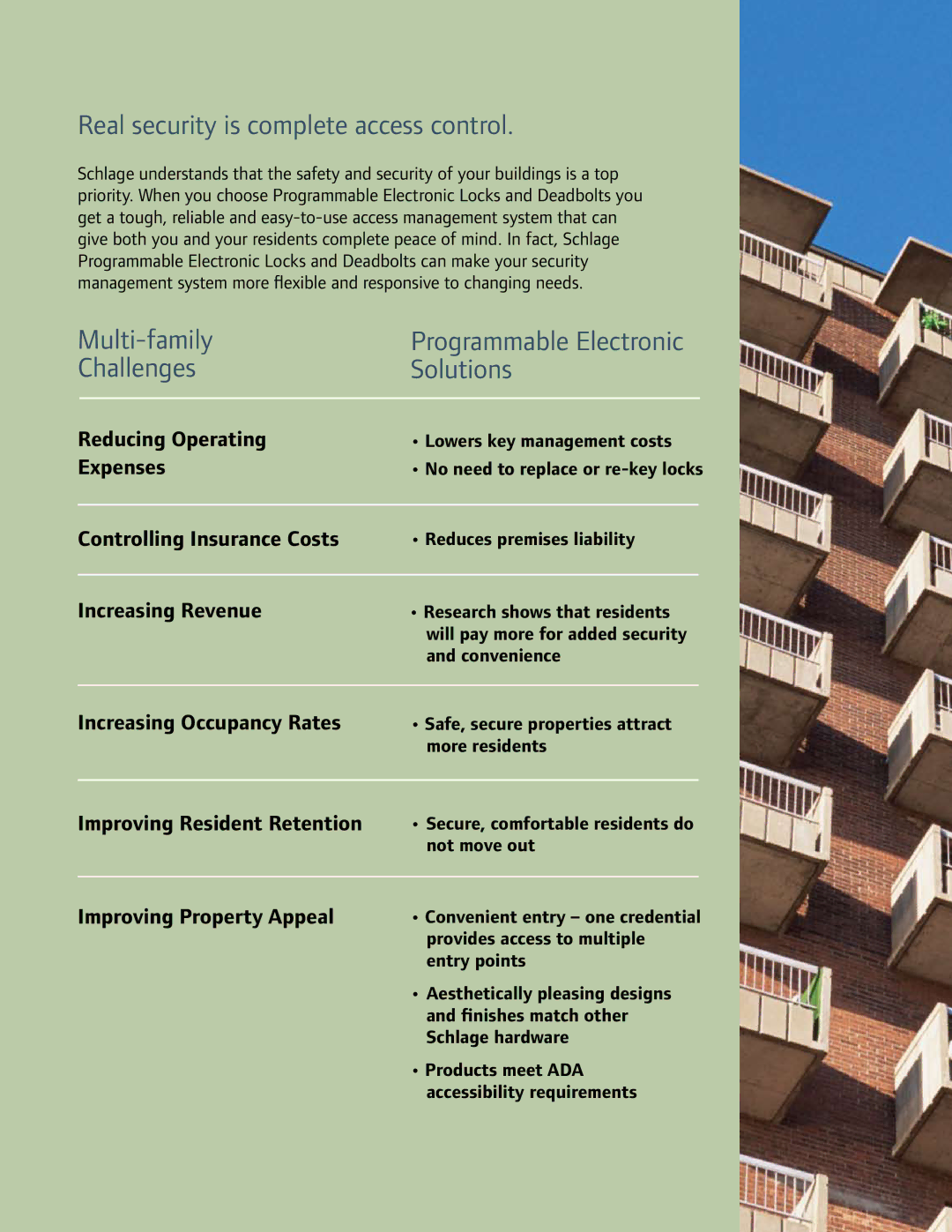 Ingersoll-Rand Schlage manual Real security is complete access control, Multi-family, Challenges Solutions 