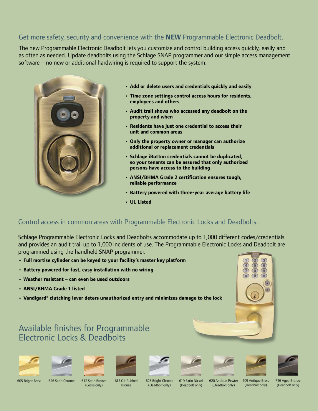 Ingersoll-Rand Schlage manual Available finishes for Programmable, Electronic Locks & Deadbolts 