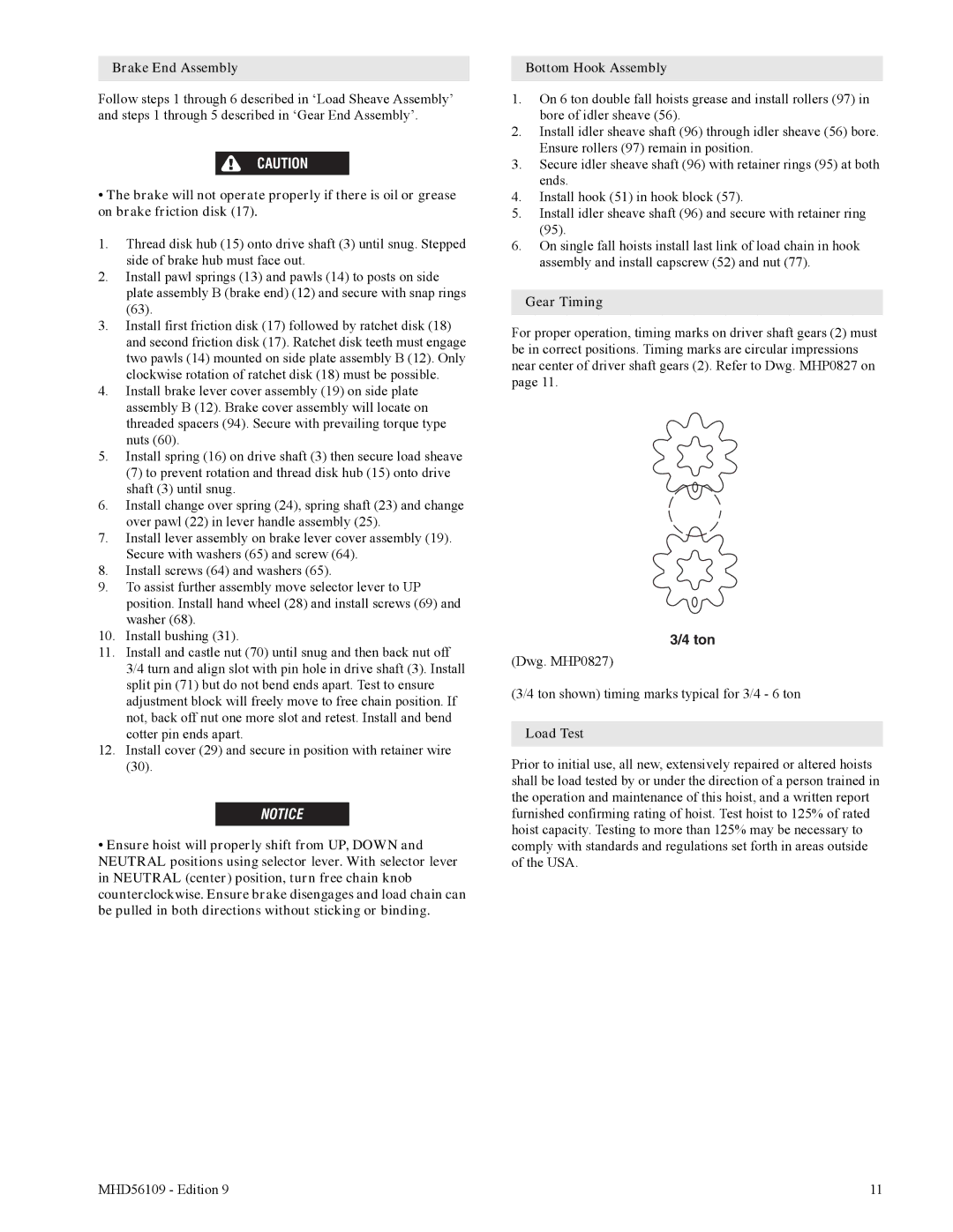 Ingersoll-Rand SLB600, SLB200, SLB1200, SLB300, SLB150 manual Brake End Assembly, Gear Timing, Load Test 