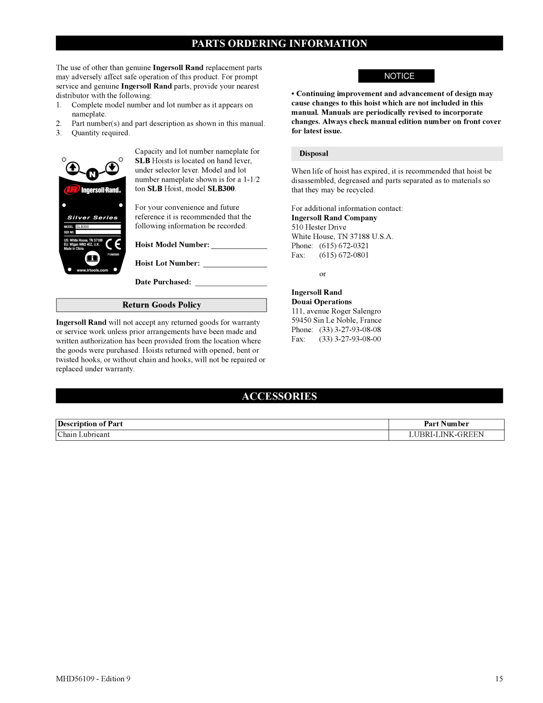 Ingersoll-Rand SLB200, SLB600, SLB1200, SLB300, SLB150 manual Parts Ordering Information, Accessories, Return Goods Policy 