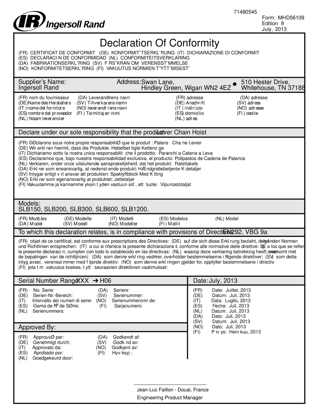 Ingersoll-Rand SLB600, SLB200, SLB1200, SLB300, SLB150 manual Declaration Of Conformity 