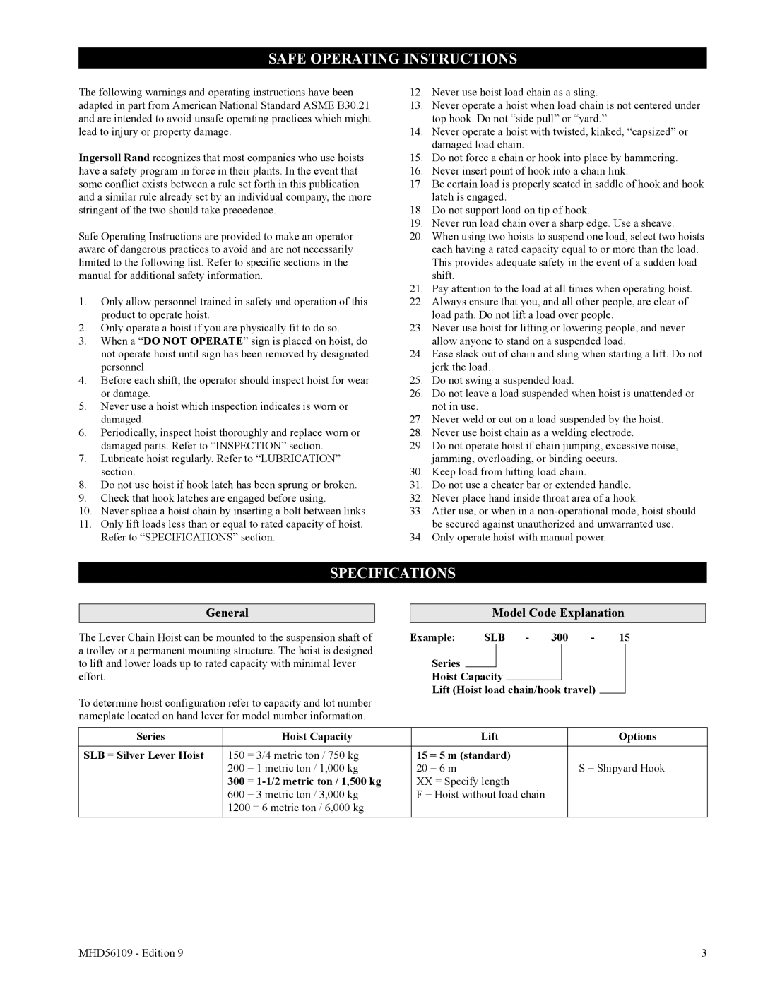 Ingersoll-Rand SLB300, SLB200, SLB600, SLB1200 Safe Operating Instructions, Specifications, General, Model Code Explanation 