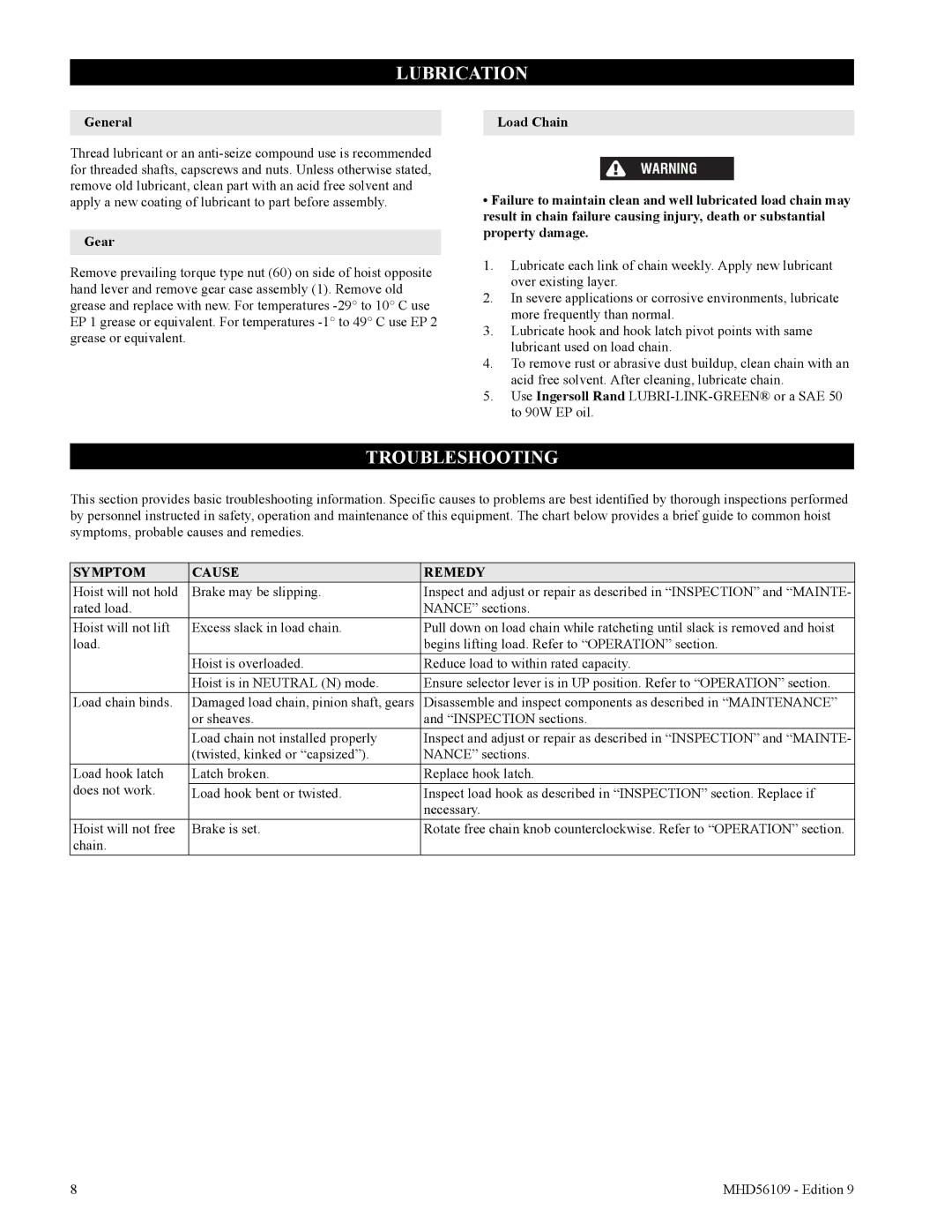 Ingersoll-Rand SLB300, SLB200, SLB600, SLB1200, SLB150 manual Lubrication, Troubleshooting, General, Gear 