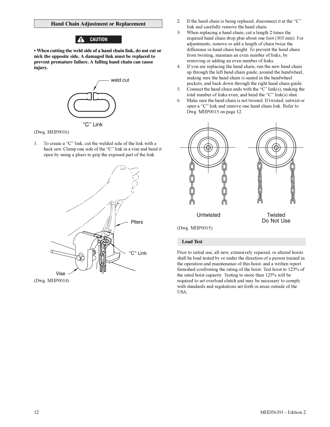 Ingersoll-Rand SMB050, SMB015, SMB030, SMB005, SMB020, SMB010 manual Hand Chain Adjustment or Replacement, Load Test 