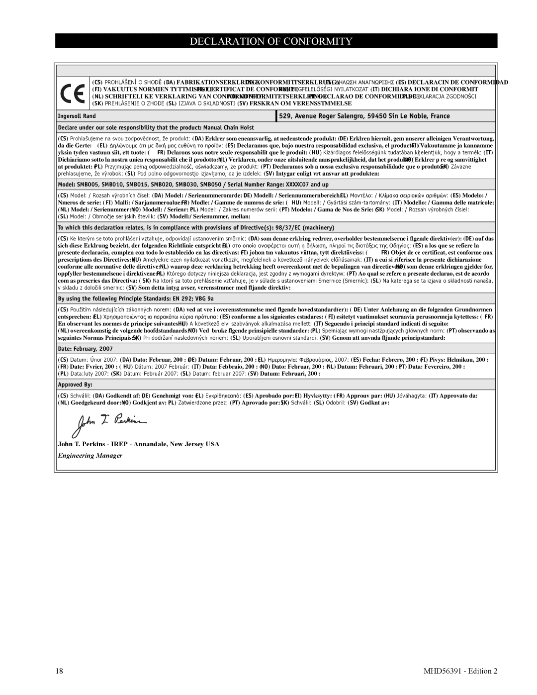 Ingersoll-Rand SMB050, SMB015, SMB030, SMB005, SMB020, SMB010 manual Declaration of Conformity 