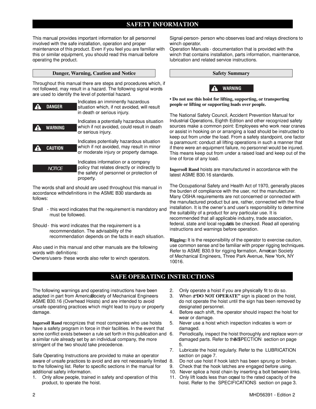 Ingersoll-Rand SMB030, SMB050, SMB015, SMB005, SMB020, SMB010 Safety Information, Safe Operating Instructions, Safety Summary 