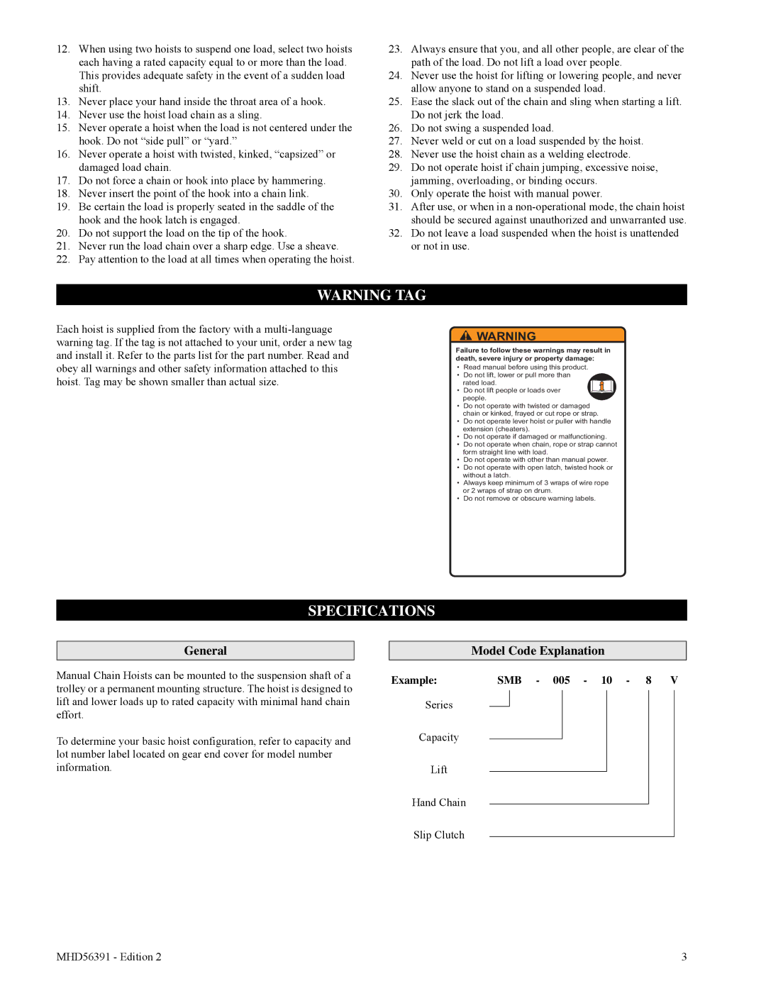 Ingersoll-Rand SMB005, SMB050, SMB015, SMB030, SMB020 Specifications, General, Model Code Explanation, Example SMB 005 10 8 