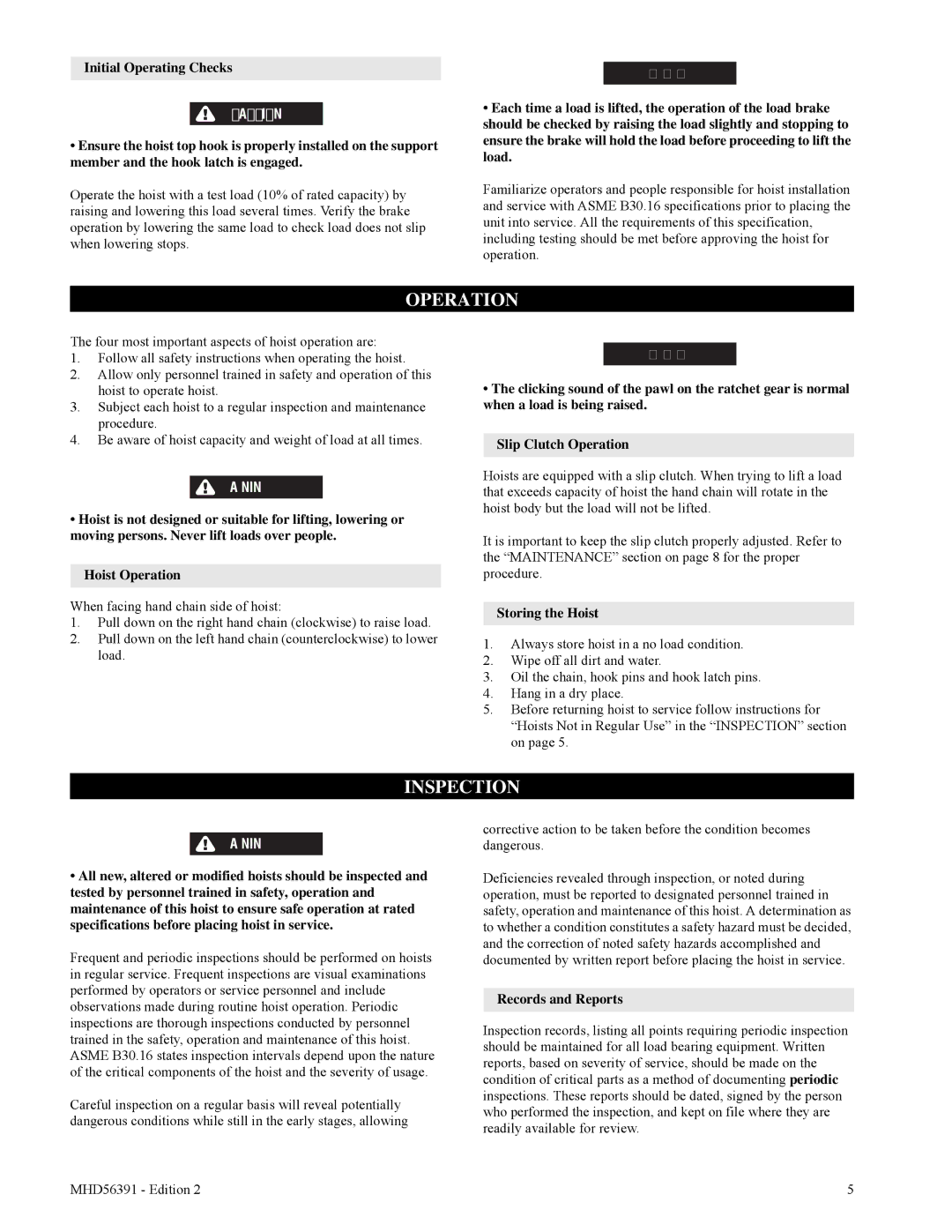 Ingersoll-Rand SMB010, SMB050, SMB015, SMB030, SMB005, SMB020 Operation, Inspection, Storing the Hoist, Records and Reports 