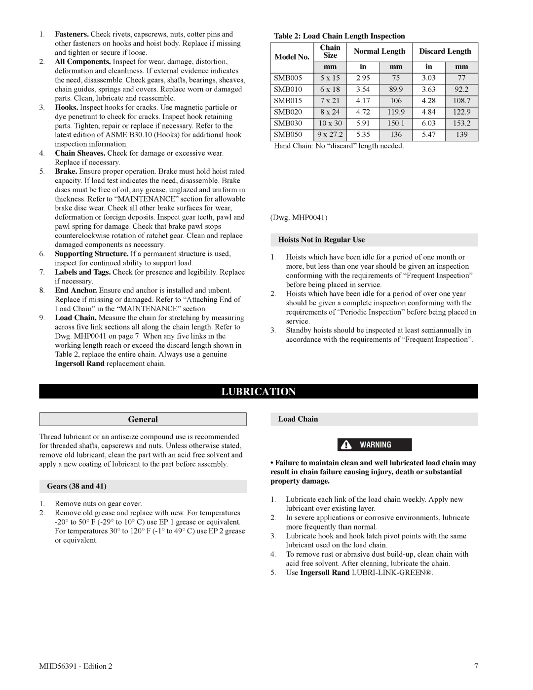 Ingersoll-Rand SMB015, SMB050 Lubrication, Load Chain Length Inspection, Normal Length Discard Length Model No, Gears 38 