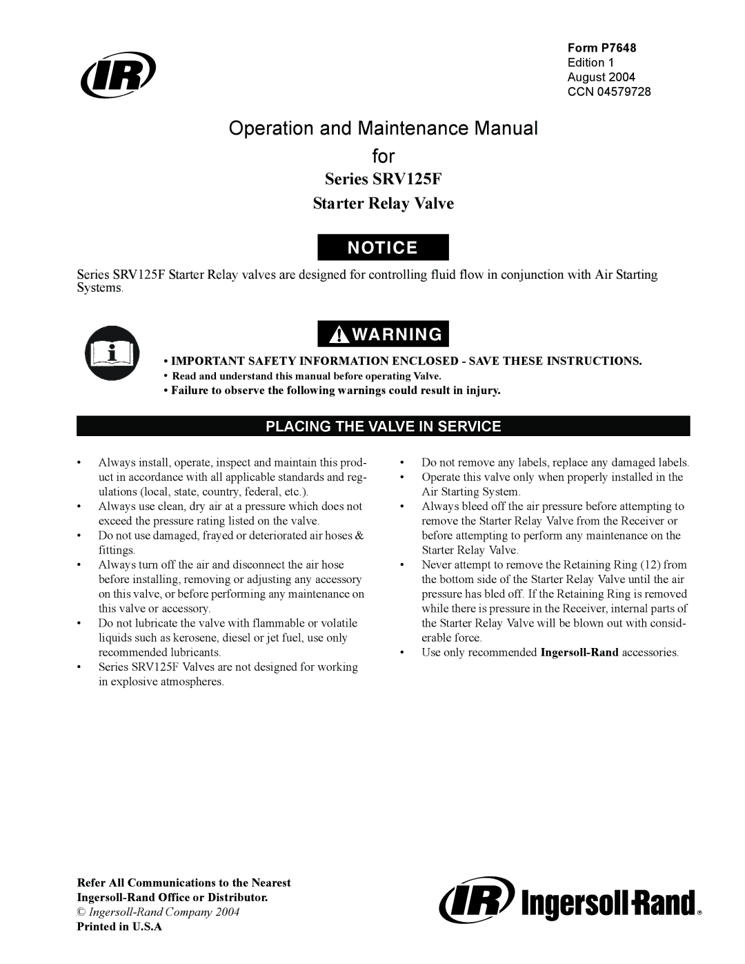 Ingersoll-Rand SRV125F manual Placing the Valve in Service, Form P7648, Edition August CCN 