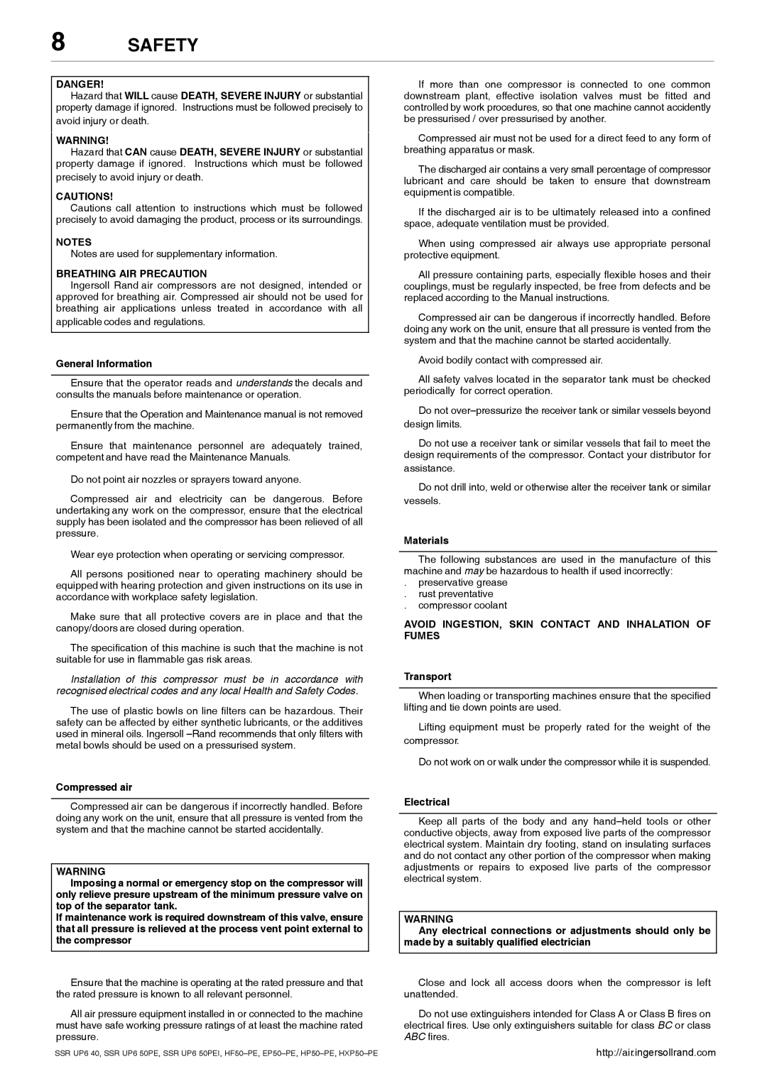 Ingersoll-Rand HXP50-PE, EP50-PE Safety, Breathing AIR Precaution, Avoid INGESTION, Skin Contact and Inhalation of Fumes 