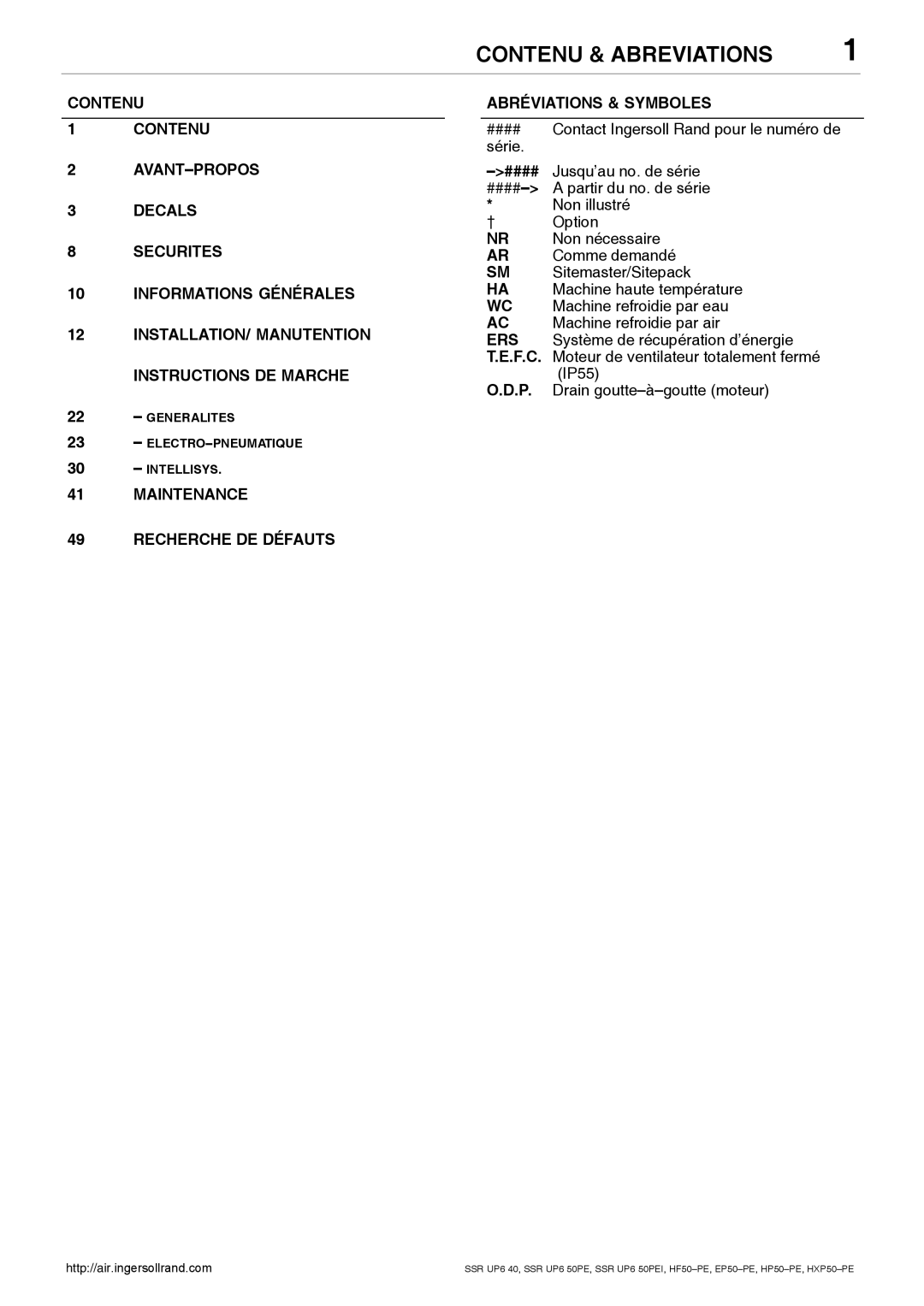 Ingersoll-Rand EP50-PE, SSR UP6 40 manual Contenu & Abreviations, Maintenance Recherche DE Défauts Abréviations & Symboles 