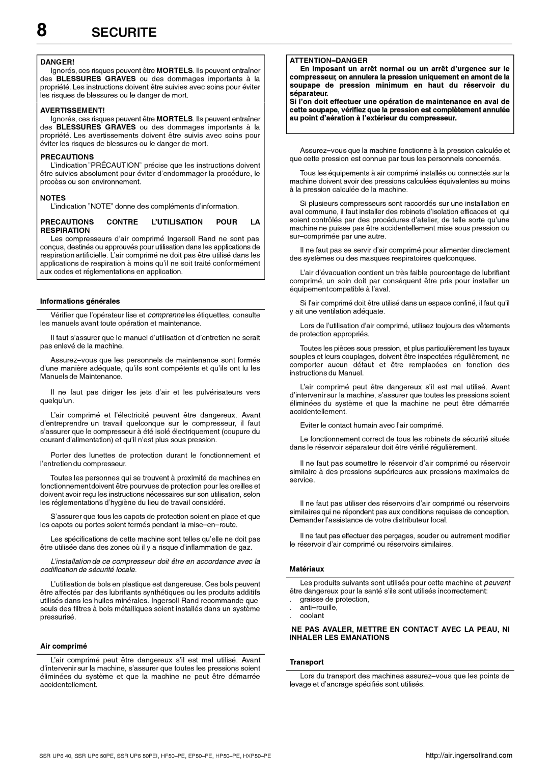 Ingersoll-Rand HXP50-PE, SSR UP6 40 manual Securite, Avertissement, Precautions Contre L’UTILISATION Pour LA Respiration 