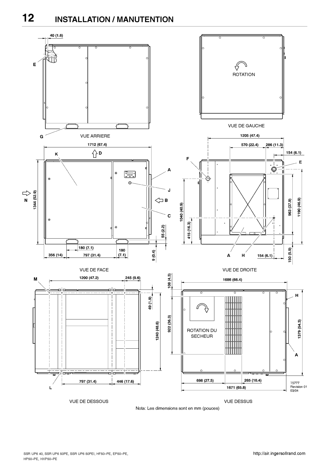 Ingersoll-Rand SSR UP6 50PEI HF50-PE, SSR UP6 40, EP50-PE Installation / Manutention, Nota Les dimensions sont en mm pouces 