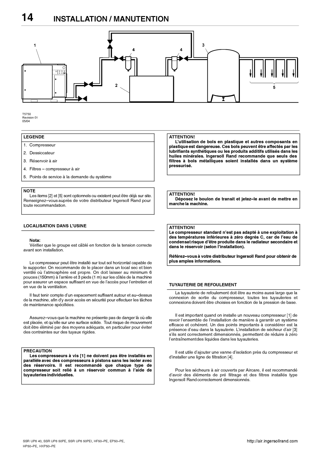 Ingersoll-Rand HXP50-PE, SSR UP6 40, SSR UP6 50PE, EP50-PE Localisation Dans L’USINE, Precaution, Tuyauterie DE Refoulement 