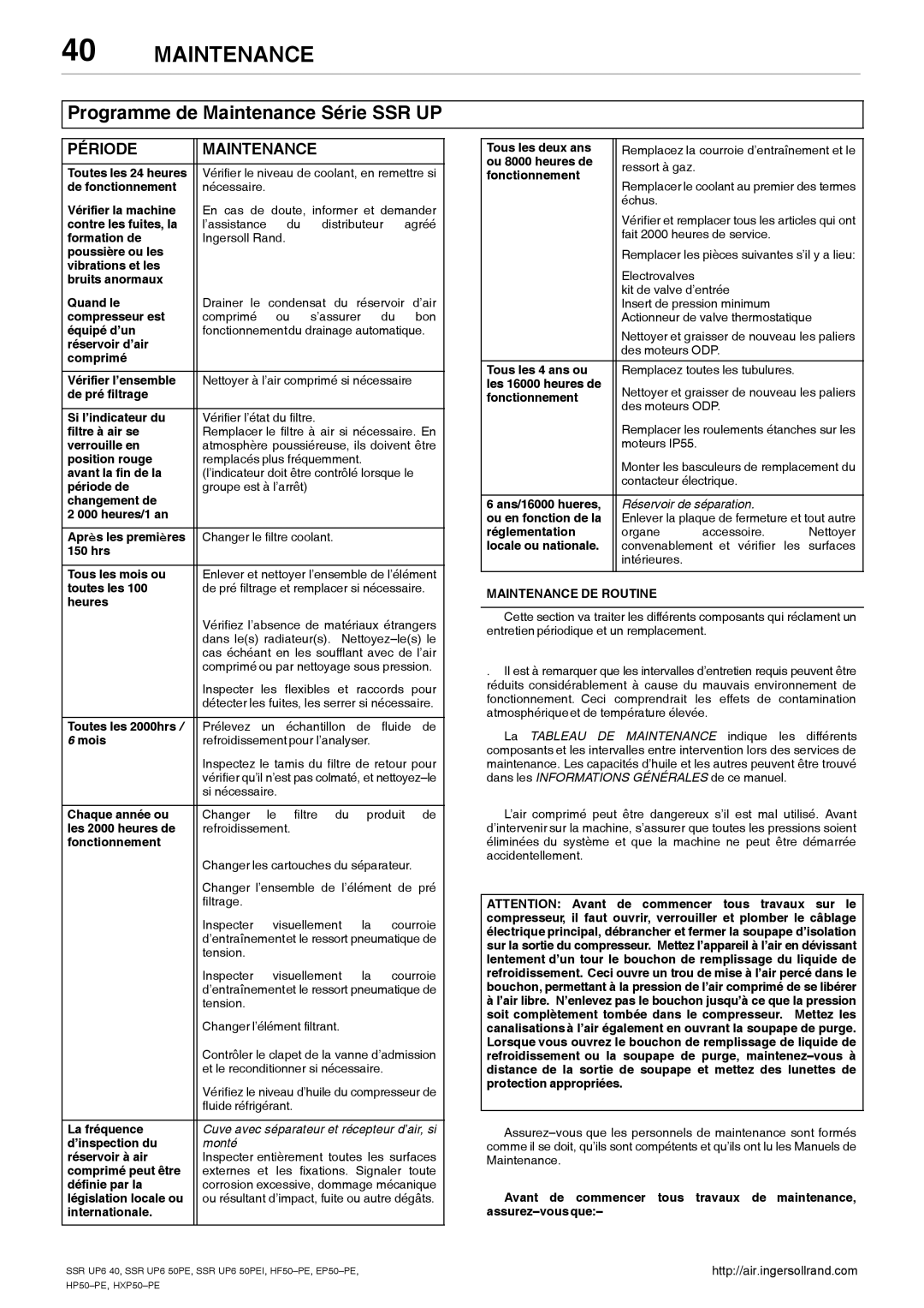 Ingersoll-Rand SSR UP6 40, SSR UP6 50PEI HF50-PE, EP50-PE, HXP50-PE, HP50-PE Période Maintenance, Maintenance DE Routine 