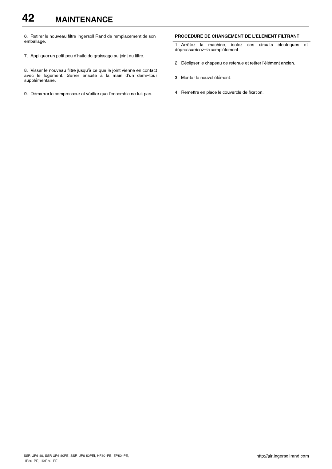 Ingersoll-Rand SSR UP6 50PEI HF50-PE, SSR UP6 40, EP50-PE, HXP50-PE, HP50-PE Procedure DE Changement DE L’ELEMENT Filtrant 