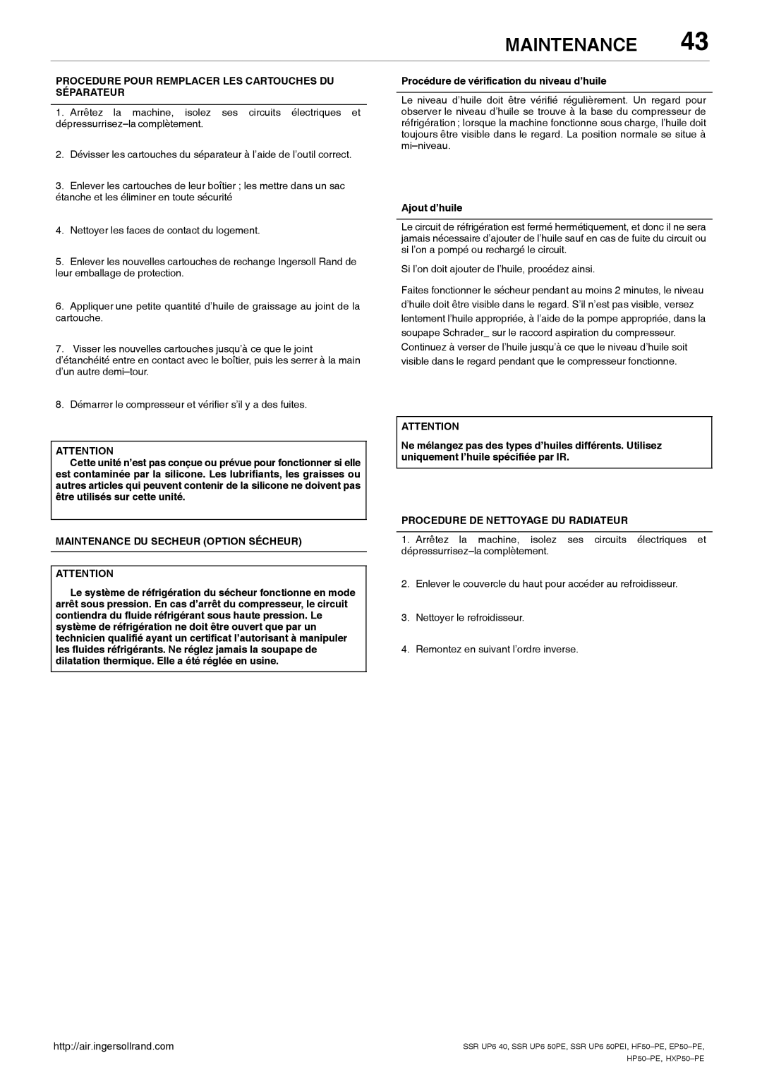 Ingersoll-Rand EP50-PE manual Procedure Pour Remplacer LES Cartouches DU Séparateur, Maintenance DU Secheur Option Sécheur 