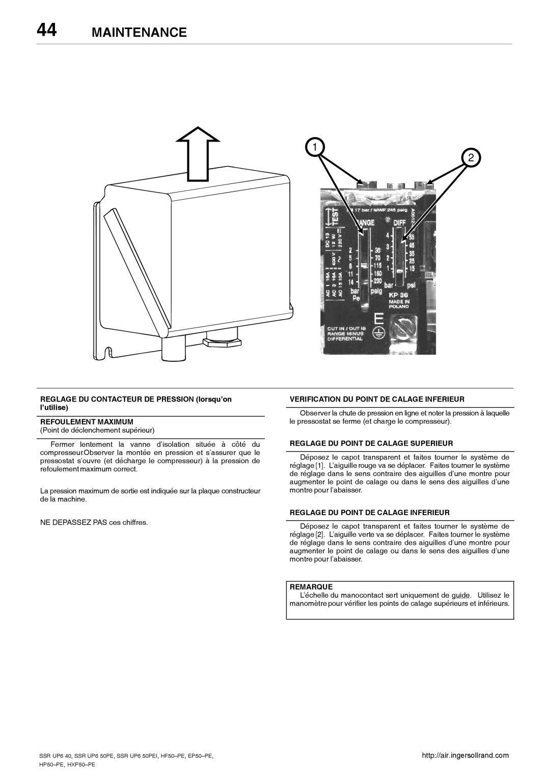 Ingersoll-Rand HXP50-PE, SSR UP6 40 manual Verification DU Point DE Calage Inferieur, Reglage DU Point DE Calage Superieur 