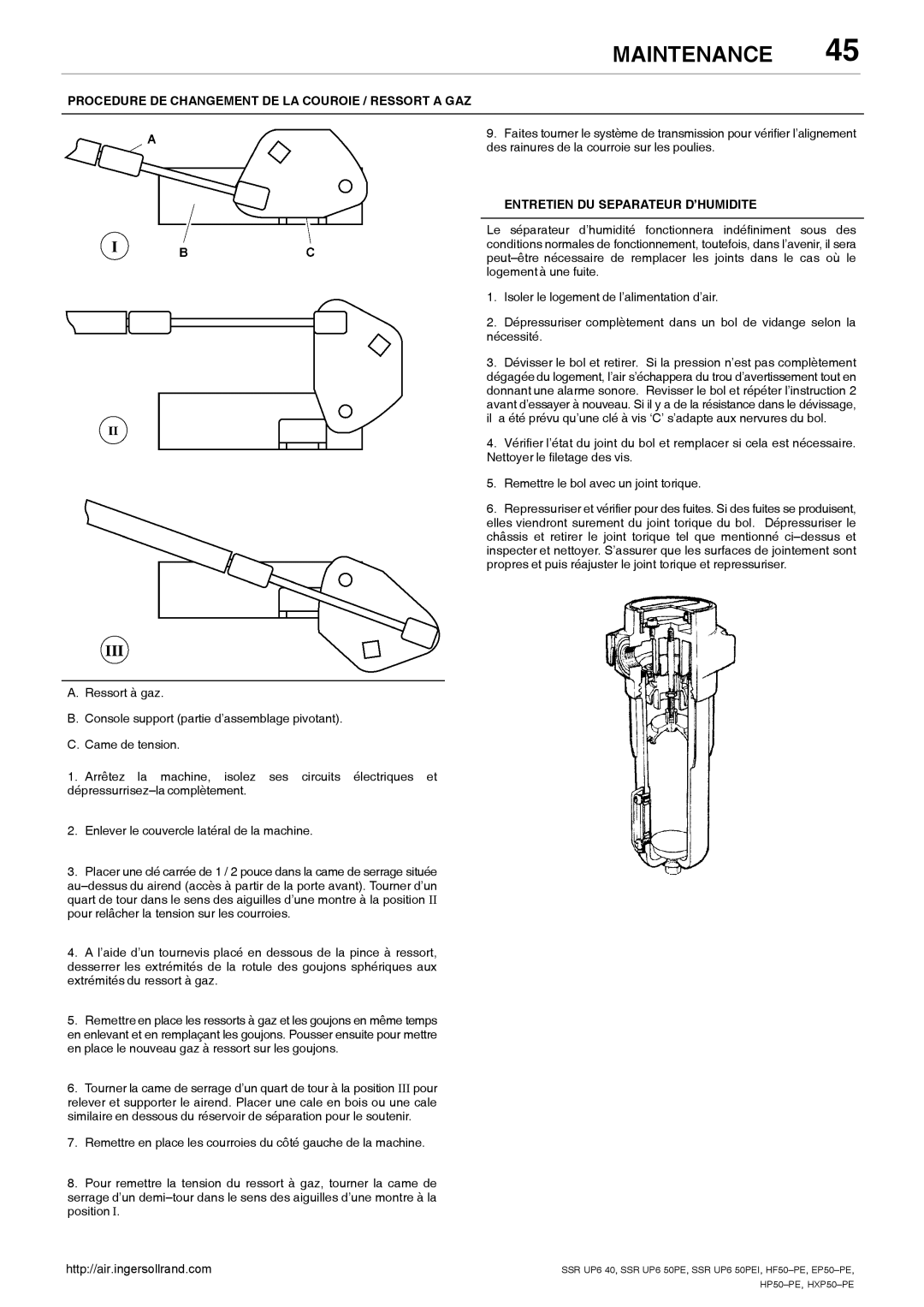 Ingersoll-Rand HP50-PE, EP50-PE Procedure DE Changement DE LA Couroie / Ressort a GAZ, Entretien DU Separateur D’HUMIDITE 