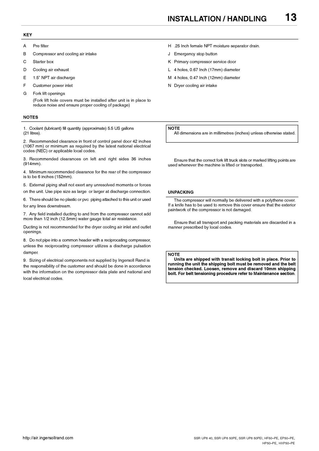 Ingersoll-Rand EP50-PE, SSR UP6 40, SSR UP6 50PEI HF50-PE, HXP50-PE, HP50-PE manual Key, Unpacking 