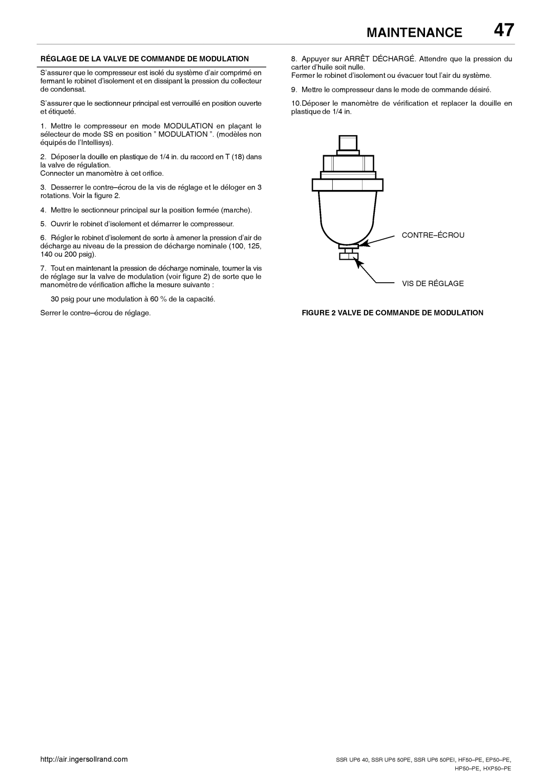 Ingersoll-Rand SSR UP6 40, SSR UP6 50PEI HF50-PE, EP50-PE, HXP50-PE, HP50-PE Réglage DE LA Valve DE Commande DE Modulation 