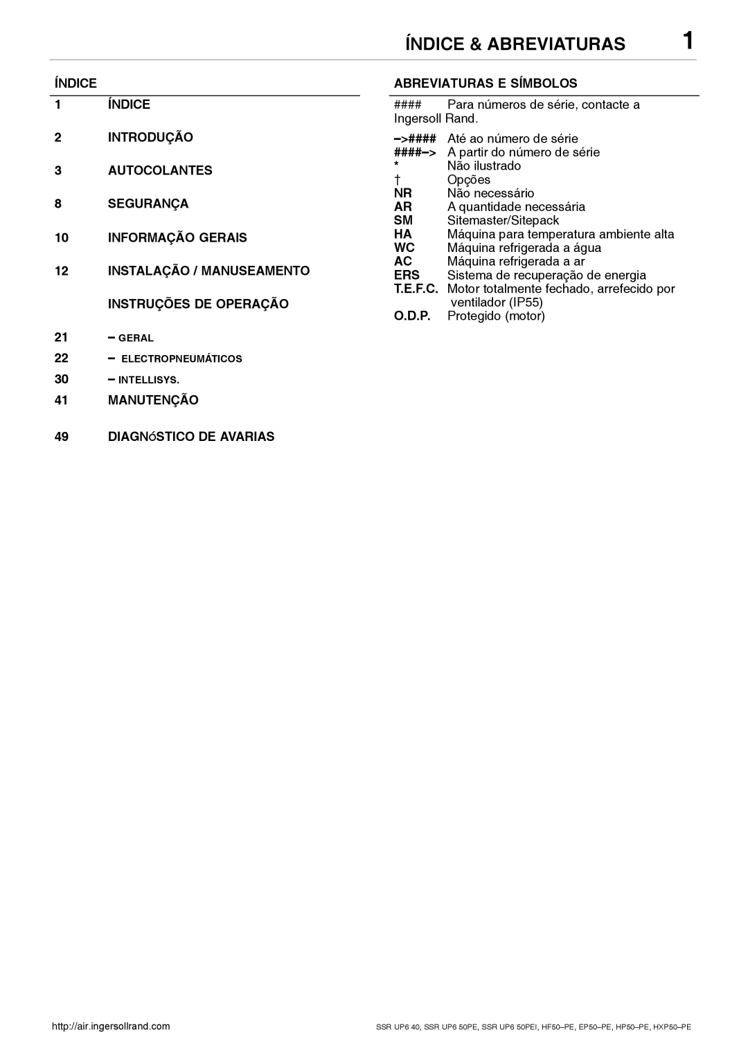 Ingersoll-Rand SSR UP6 50PE manual Índice & Abreviaturas, Manutenção Diagnóstico DE Avarias Abreviaturas E Símbolos, Geral 