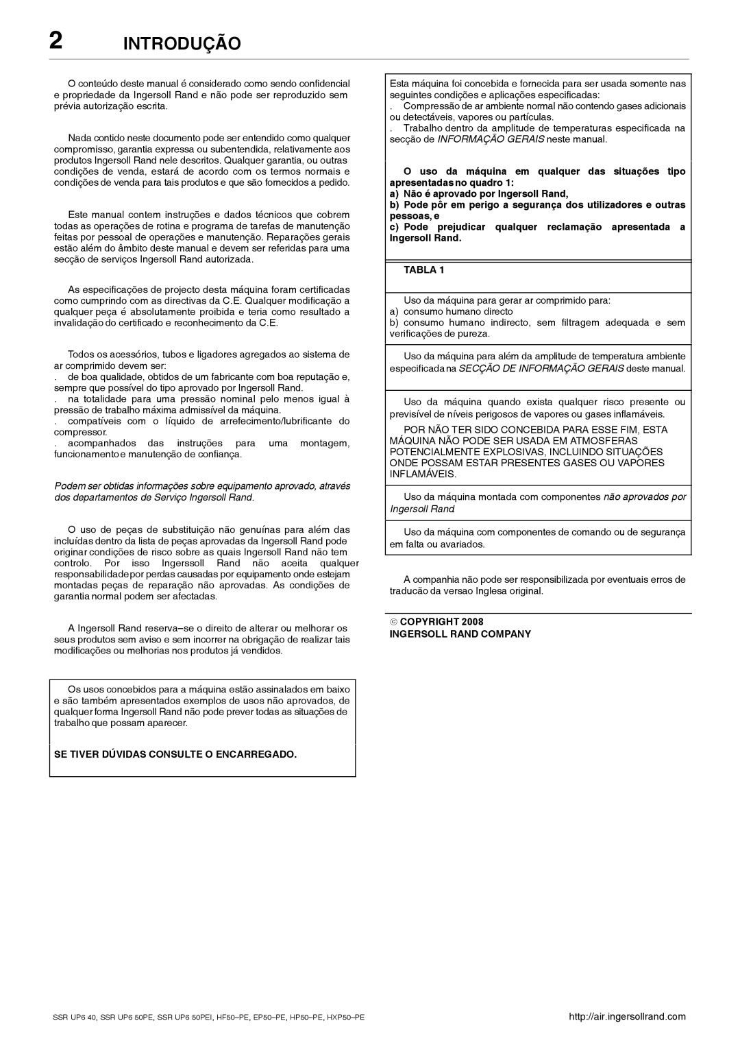 Ingersoll-Rand SSR UP6 50PEI HF50-PE, SSR UP6 40, EP50-PE, HXP50-PE manual Introdução, SE Tiver Dúvidas Consulte O Encarregado 