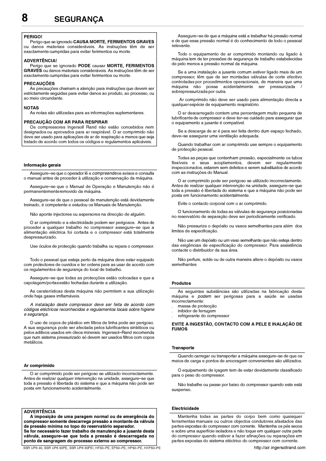 Ingersoll-Rand SSR UP6 50PEI HF50-PE, SSR UP6 40, EP50-PE, HXP50-PE, HP50-PE manual Segurança 