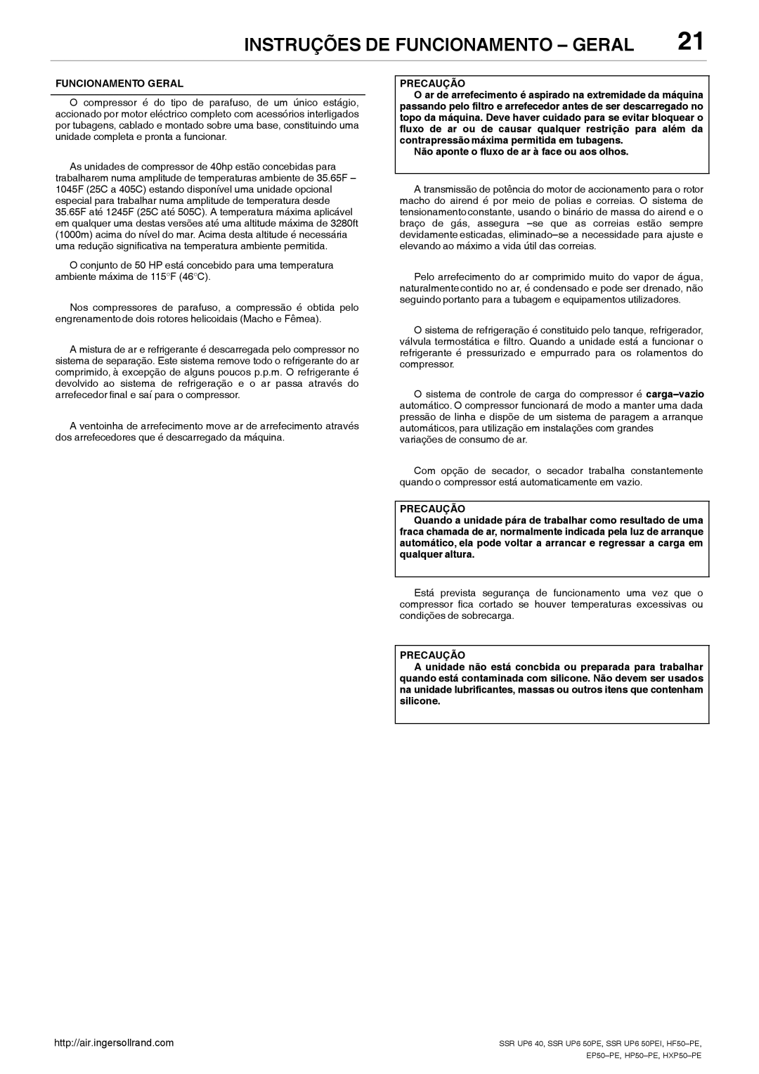 Ingersoll-Rand EP50-PE, SSR UP6 40, HP50-PE Instruções DE Funcionamento Geral, Não aponte o fluxo de ar à face ou aos olhos 