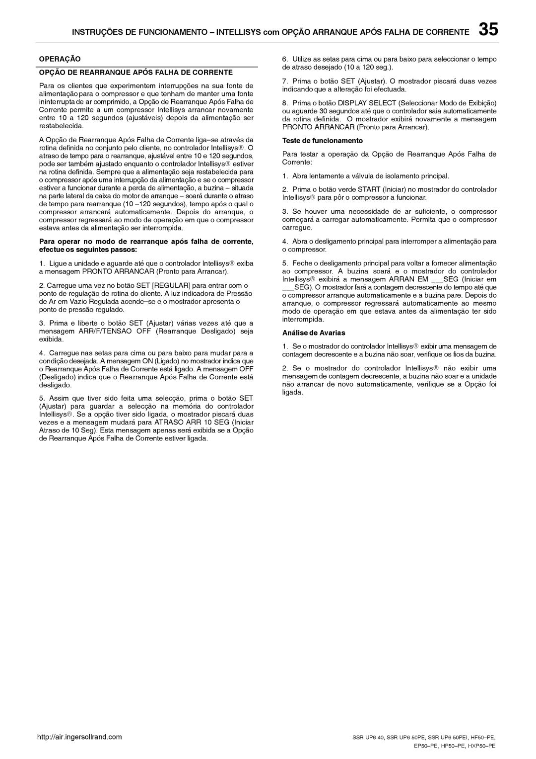 Ingersoll-Rand HP50-PE Operação Opção DE Rearranque Após Falha DE Corrente, Teste de funcionamento, Análise de Avarias 