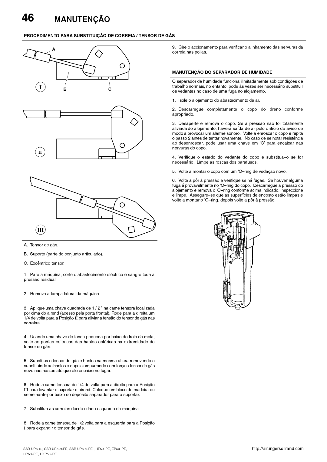 Ingersoll-Rand HXP50-PE Procedimento Para Substituição DE Correia / Tensor DE GÁS, Manutenção do Separador DE Humidade 