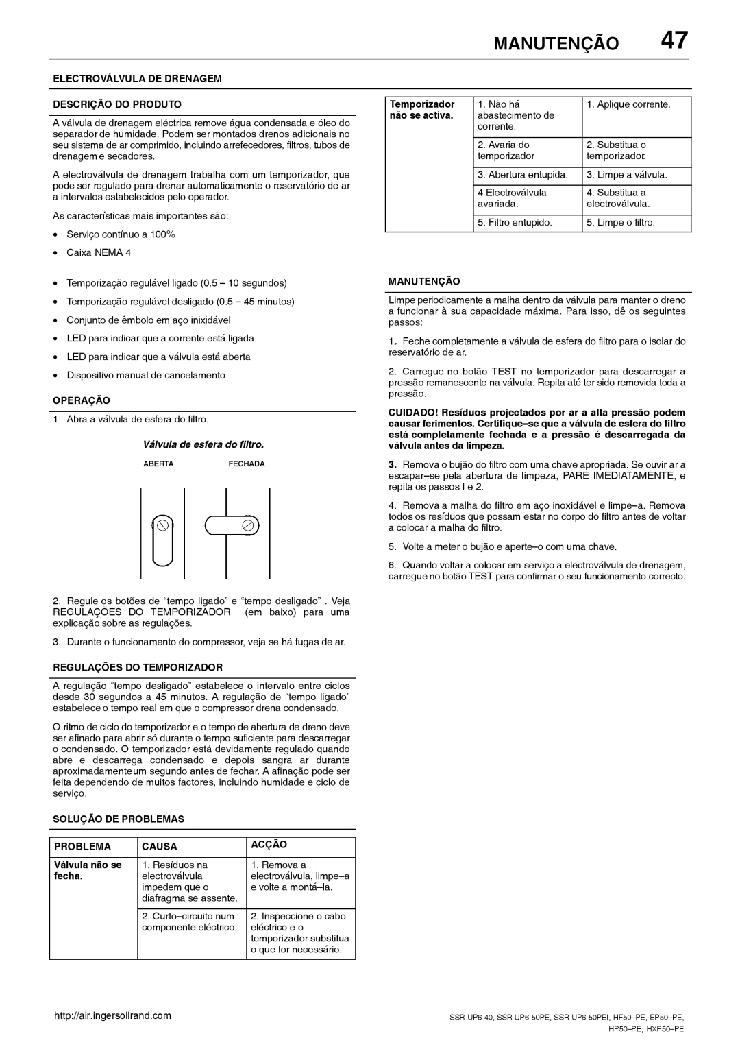 Ingersoll-Rand HP50-PE Electroválvula DE Drenagem Descrição do Produto, Operação, Regulações do Temporizador, Manutenção 