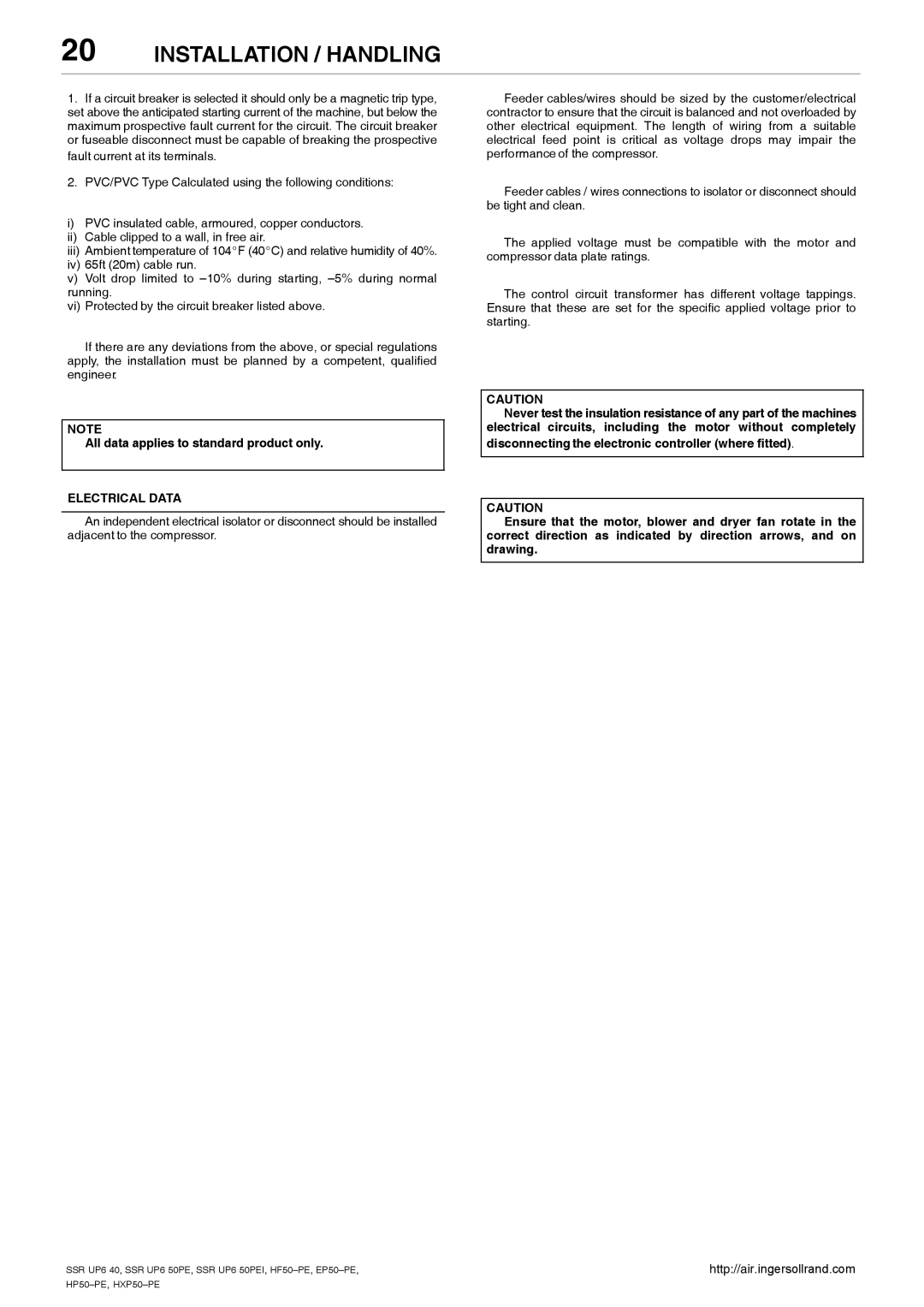 Ingersoll-Rand HXP50-PE, SSR UP6 40, SSR UP6 50PE, EP50-PE manual All data applies to standard product only, Electrical Data 