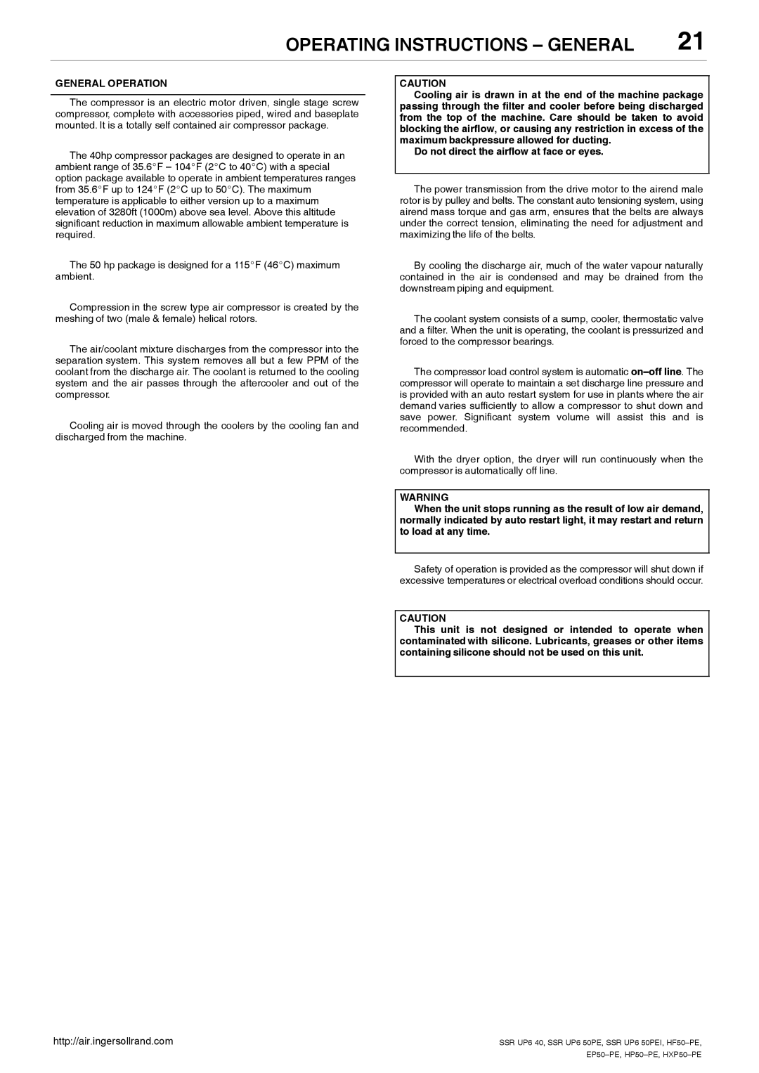 Ingersoll-Rand HP50-PE manual Operating Instructions General, General Operation, Do not direct the airflow at face or eyes 