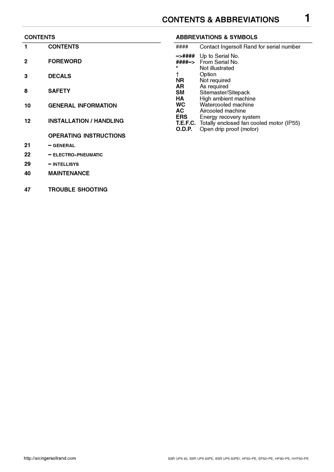 Ingersoll-Rand EP50-PE, SSR UP6 40, SSR UP6 50PEI HF50-PE, HXP50-PE, HP50-PE manual Contents & Abbreviations 