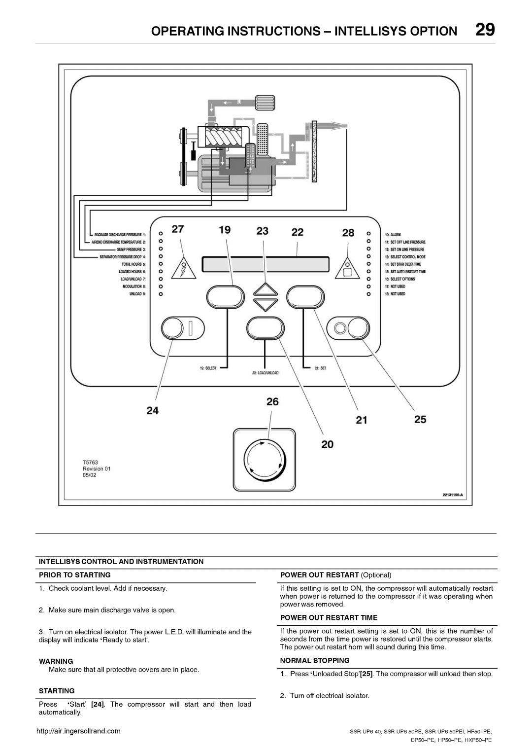 Ingersoll-Rand SSR UP6 50PE Operating Instructions Intellisys Option, Power OUT Restart Optional, Power OUT Restart Time 