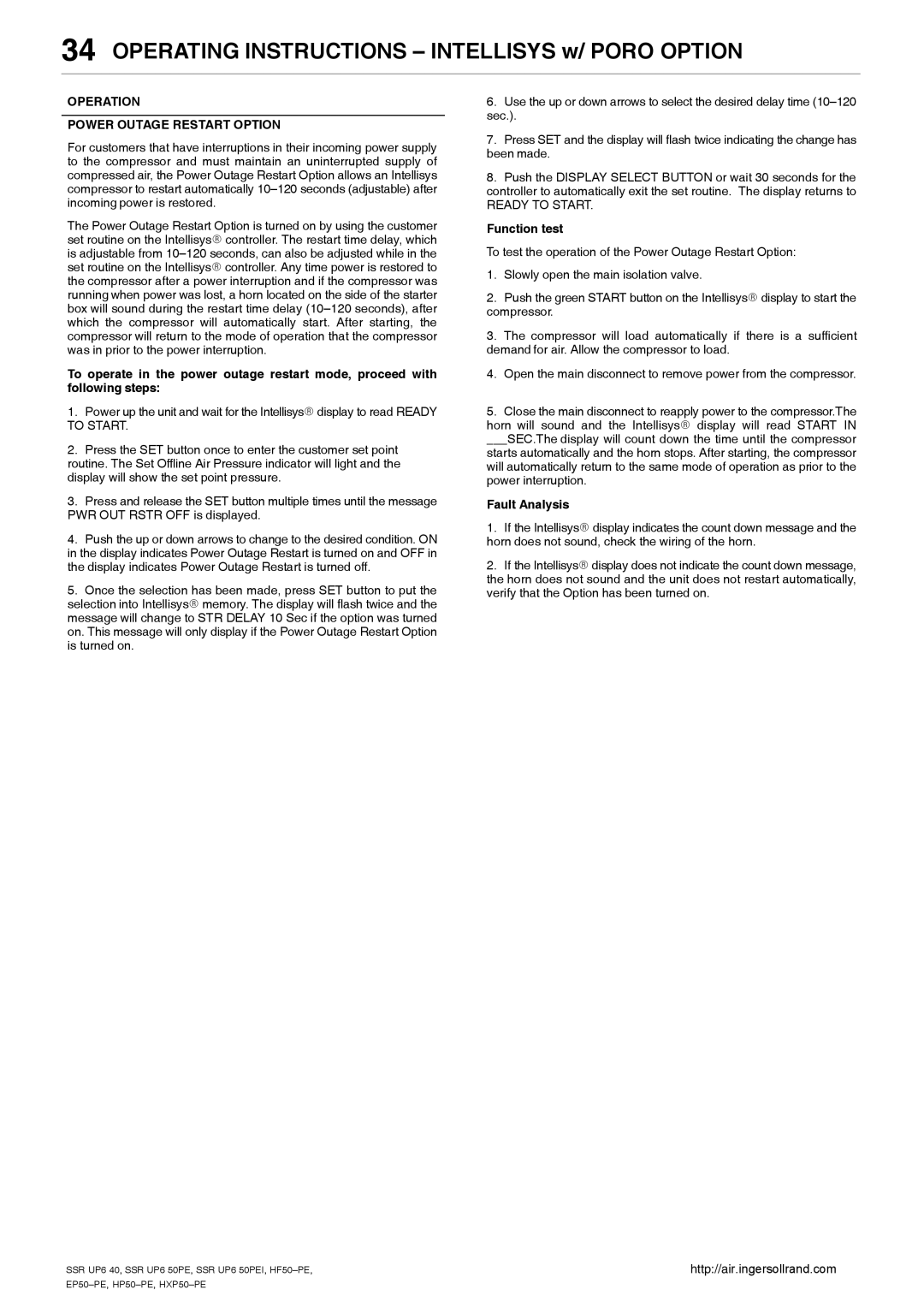 Ingersoll-Rand SSR UP6 40, SSR UP6 50PE, EP50-PE manual Operation Power Outage Restart Option, Function test, Fault Analysis 