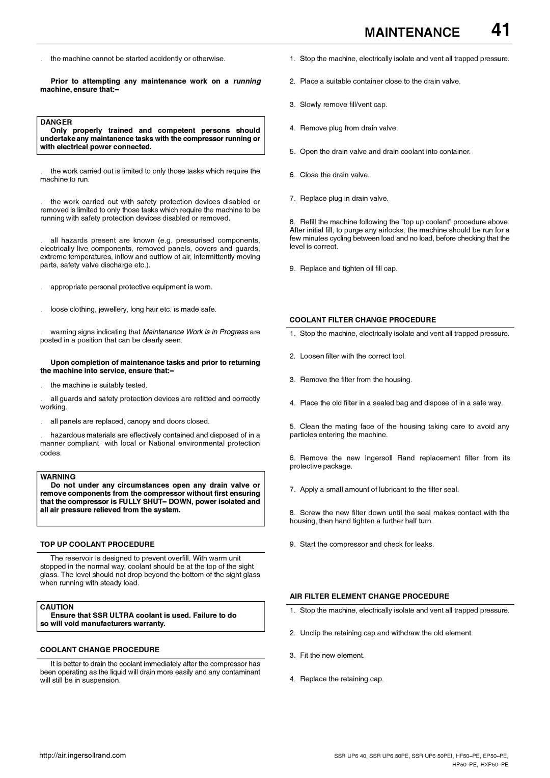 Ingersoll-Rand SSR UP6 50PE, EP50-PE TOP UP Coolant Procedure, Coolant Change Procedure, Coolant Filter Change Procedure 