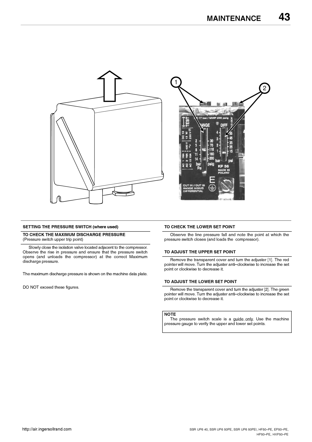 Ingersoll-Rand EP50-PE, HP50-PE To Check the Lower SET Point, To Adjust the Upper SET Point, To Adjust the Lower SET Point 