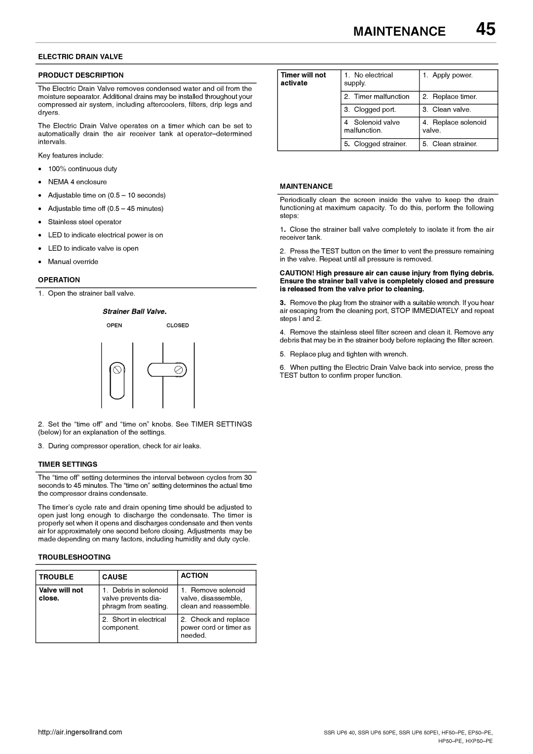 Ingersoll-Rand HP50-PE Electric Drain Valve Product Description, Operation, Timer Settings, Troubleshooting Cause Action 