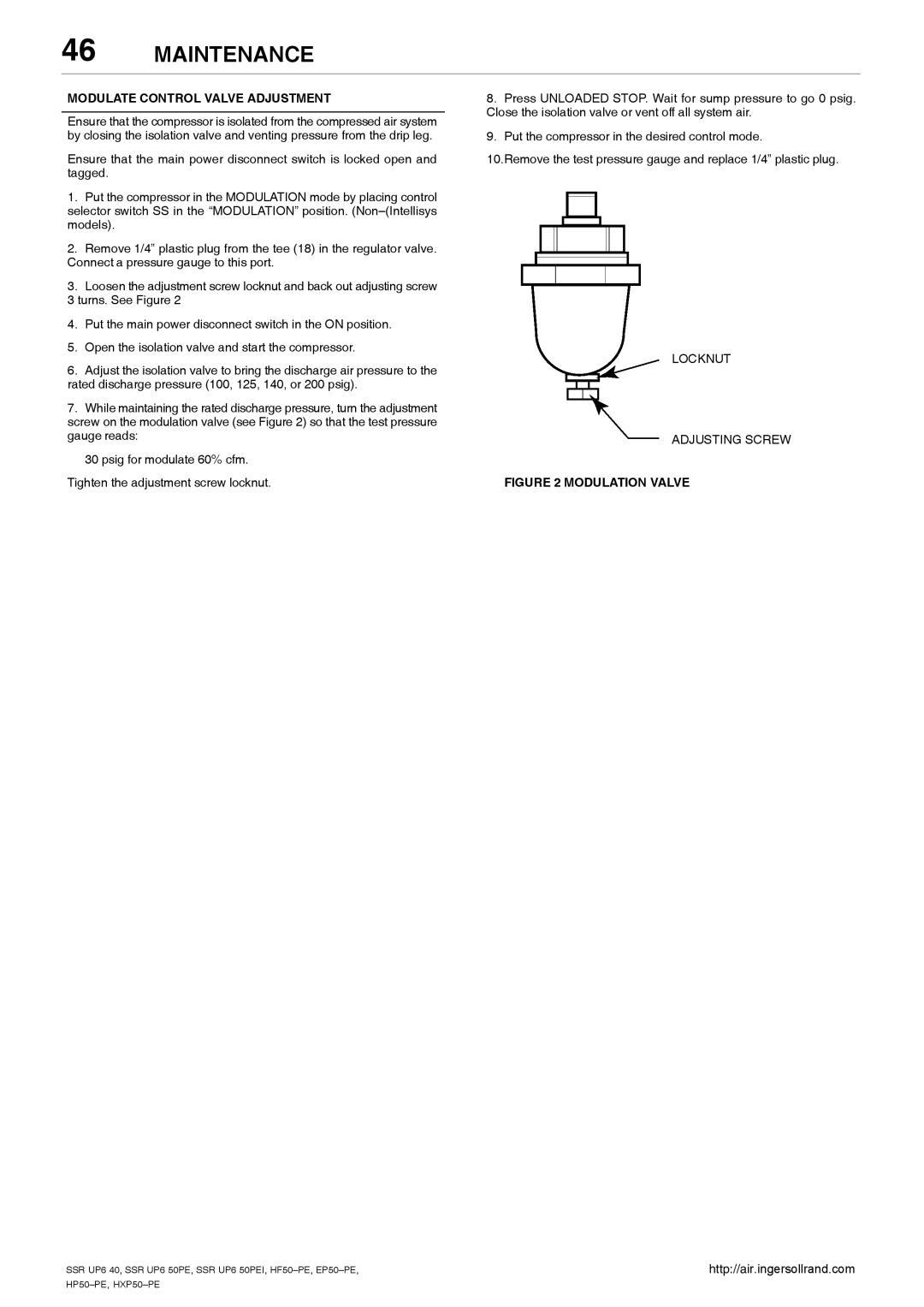 Ingersoll-Rand SSR UP6 40, SSR UP6 50PEI HF50-PE, EP50-PE, HXP50-PE Modulate Control Valve Adjustment, Modulation Valve 