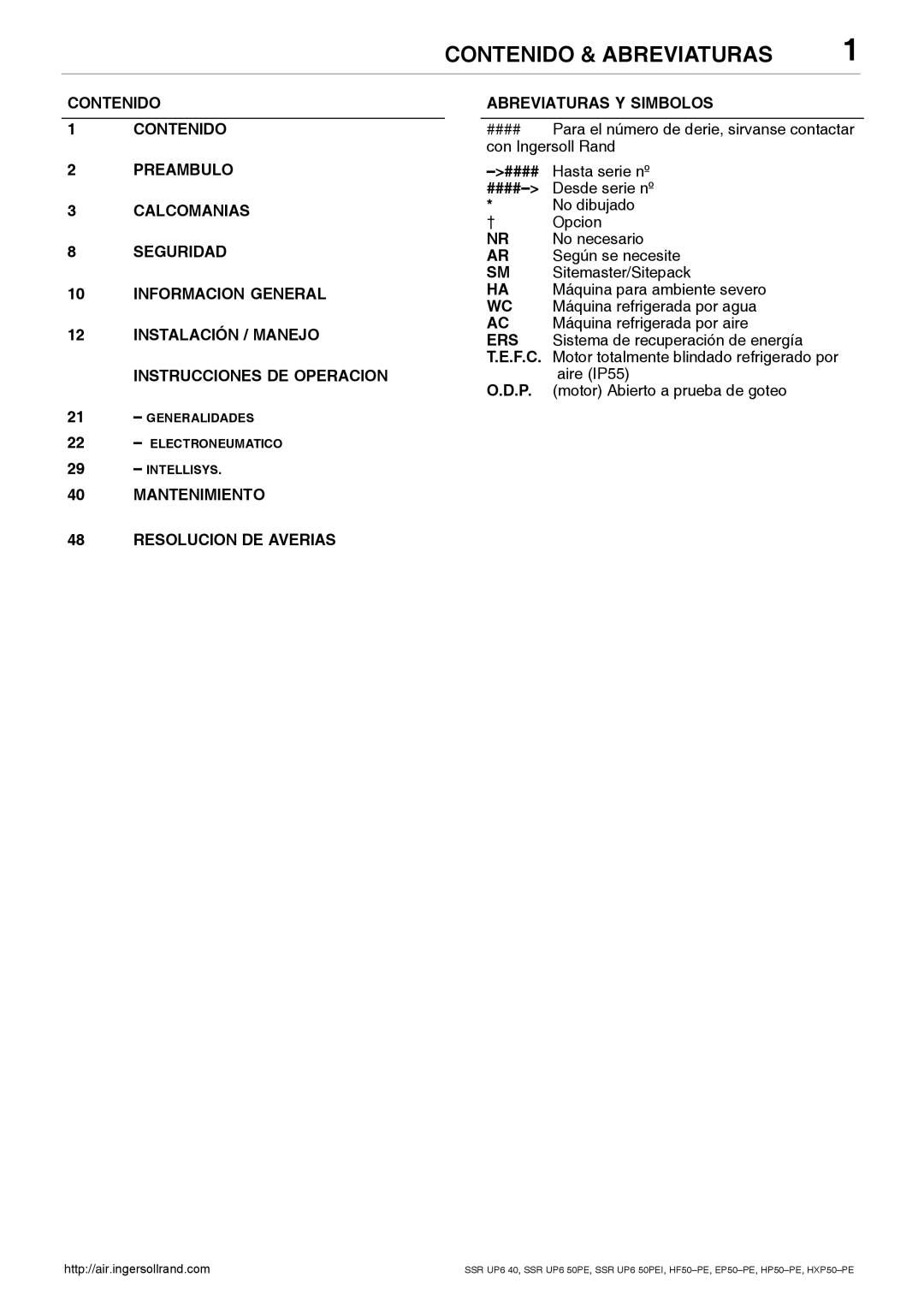 Ingersoll-Rand HP50-PE, SSR UP6 40 Contenido & Abreviaturas, Mantenimiento Resolucion DE Averias Abreviaturas Y Simbolos 