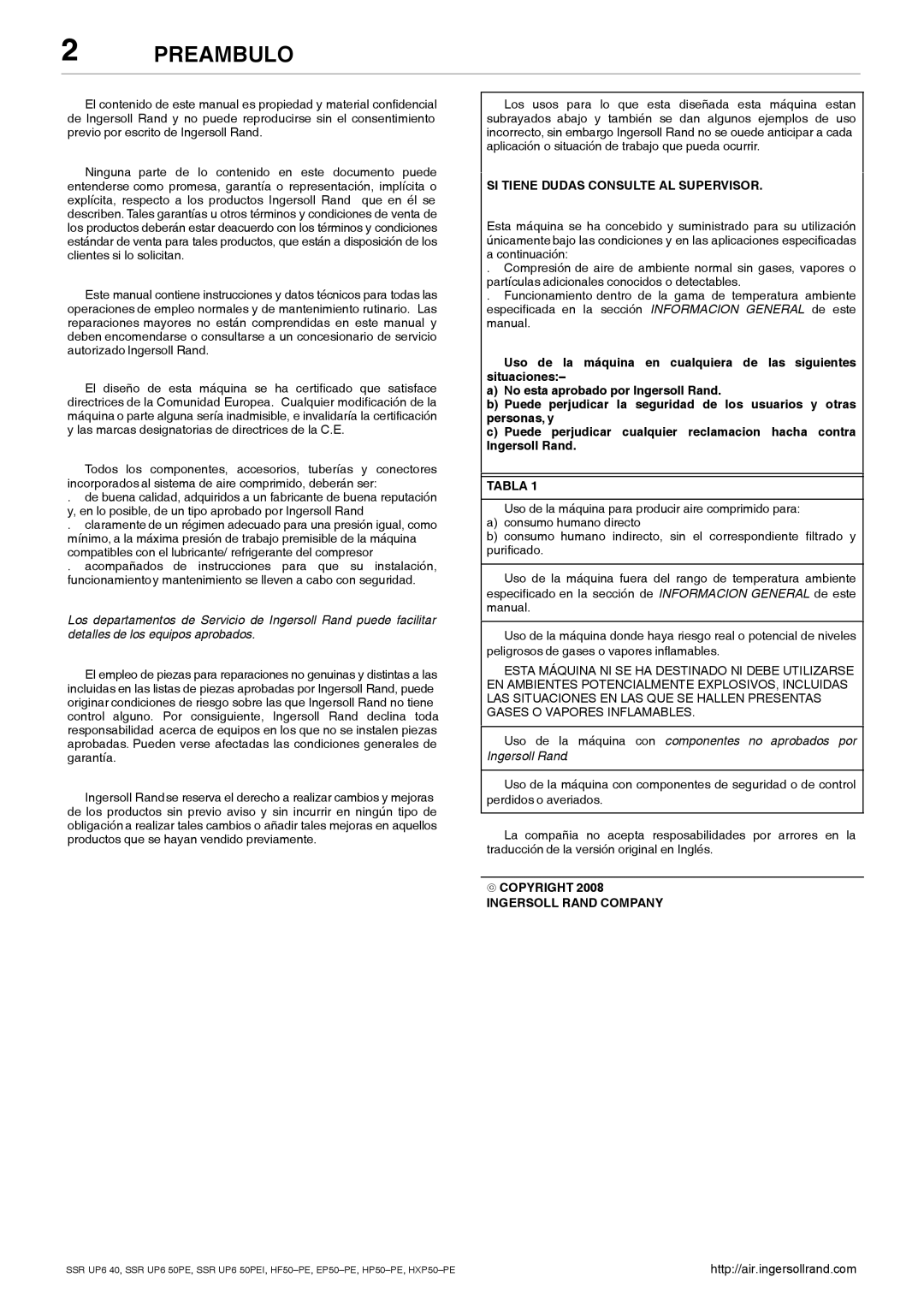 Ingersoll-Rand SSR UP6 40, SSR UP6 50PEI HF50-PE, EP50-PE manual Preambulo, SI Tiene Dudas Consulte AL Supervisor, Tabla 