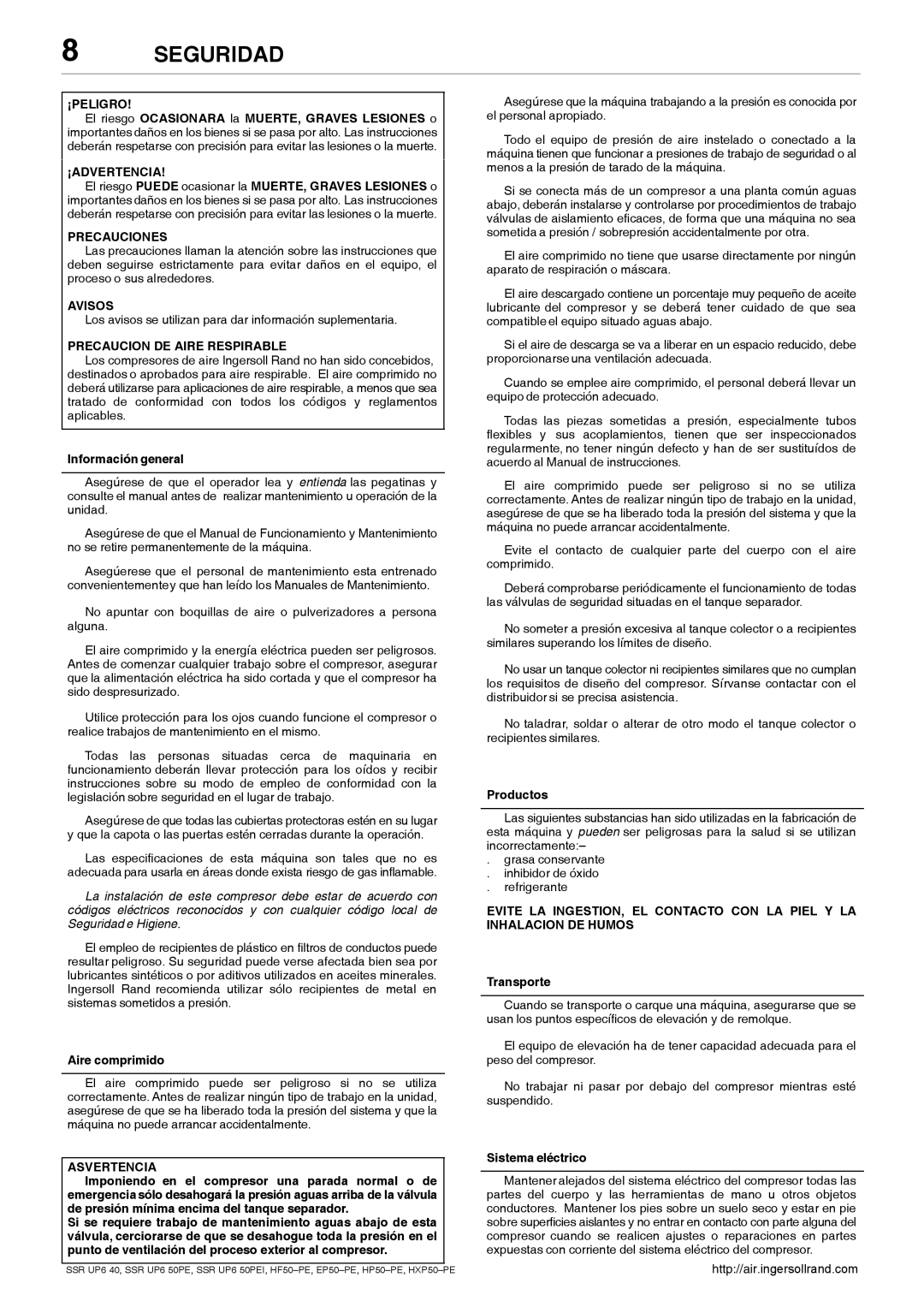 Ingersoll-Rand SSR UP6 40, SSR UP6 50PEI HF50-PE, EP50-PE, HXP50-PE, HP50-PE manual Seguridad 