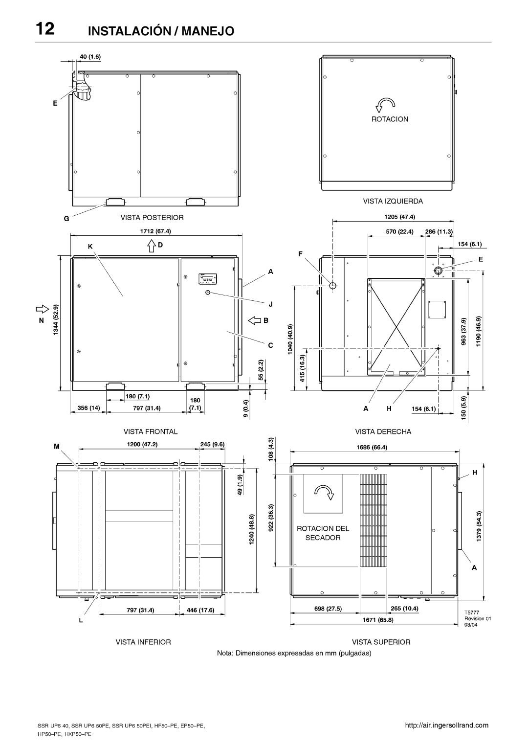 Ingersoll-Rand HXP50-PE, SSR UP6 40, SSR UP6 50PE, EP50-PE Instalación / Manejo, Nota Dimensiones expresadas en mm pulgadas 