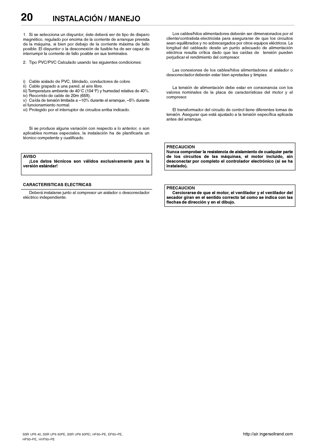 Ingersoll-Rand SSR UP6 40, SSR UP6 50PEI HF50-PE, EP50-PE, HXP50-PE, HP50-PE manual Aviso, Caracteristicas Electricas 