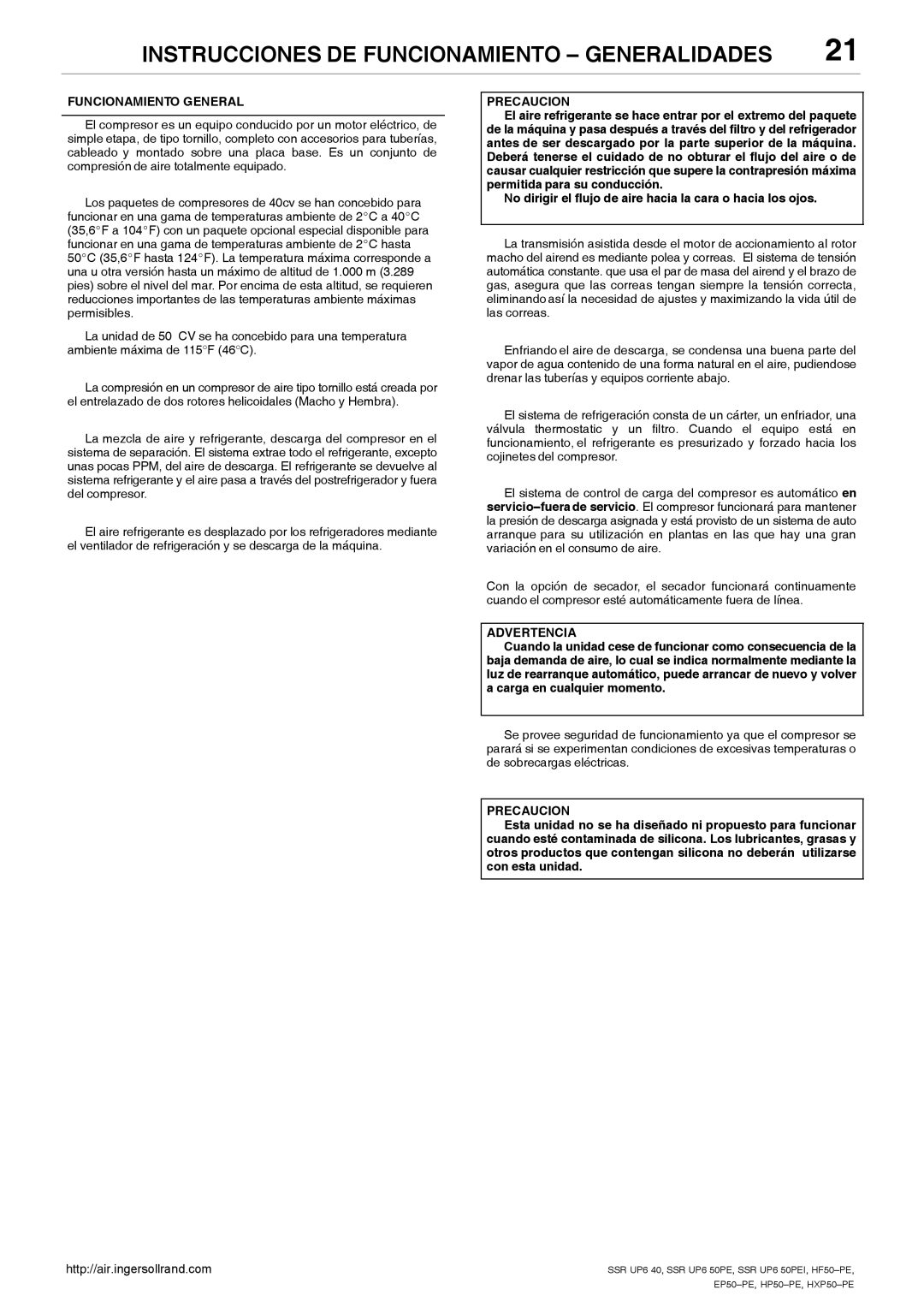 Ingersoll-Rand SSR UP6 40, SSR UP6 50PEI HF50-PE, EP50-PE, HXP50-PE, HP50-PE Instrucciones DE Funcionamiento Generalidades 