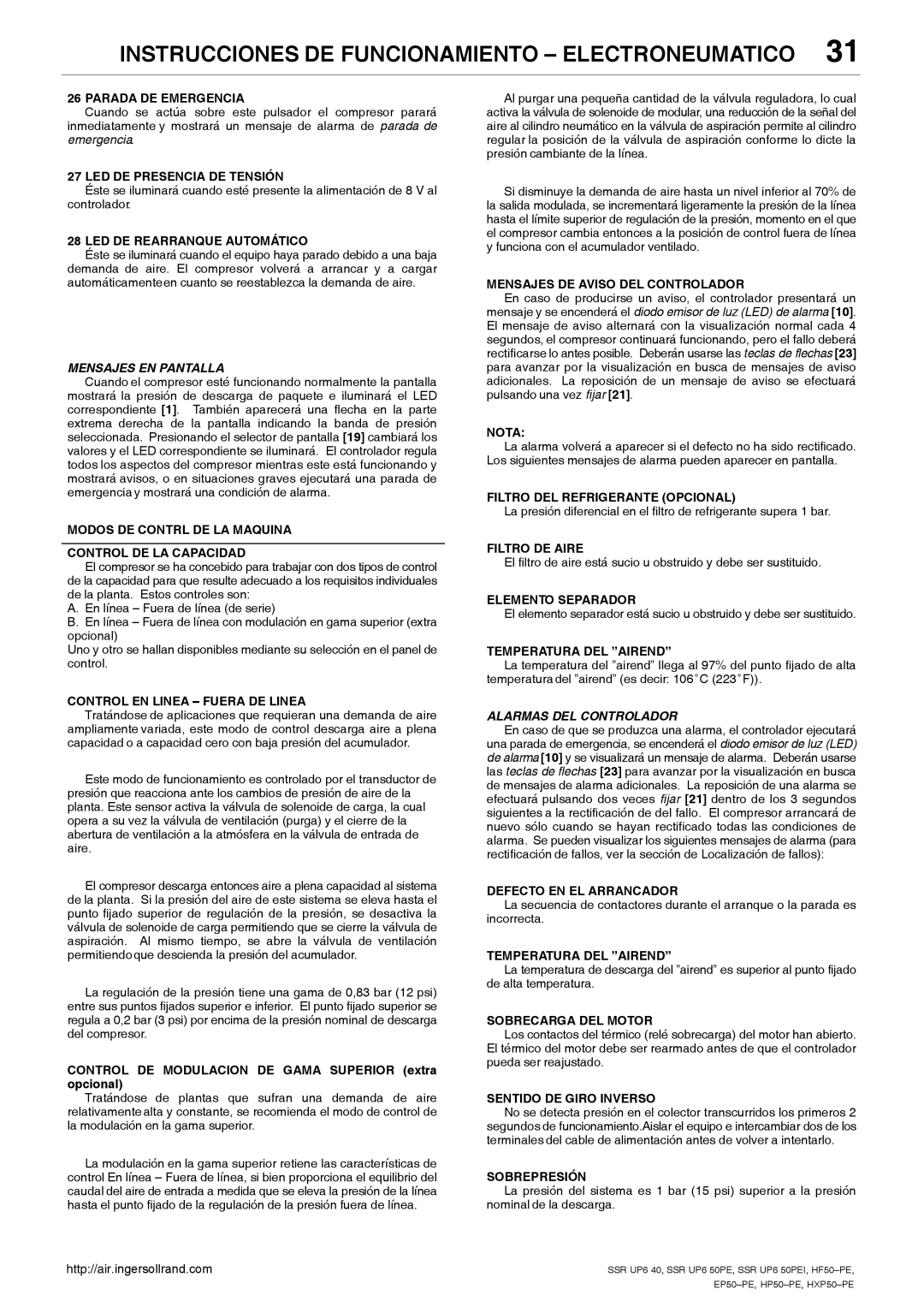 Ingersoll-Rand HP50-PE, EP50-PE LED DE Presencia DE Tensión, LED DE Rearranque Automático, Control EN Linea Fuera DE Linea 